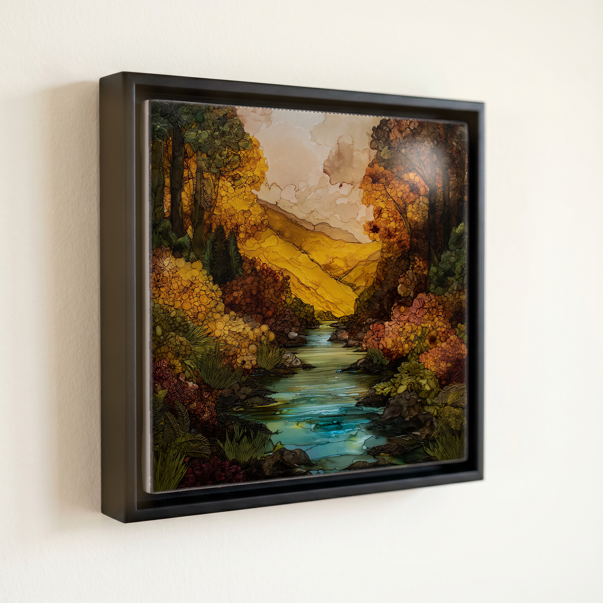 shown in a slim black floating frame · 6 × 6 in
