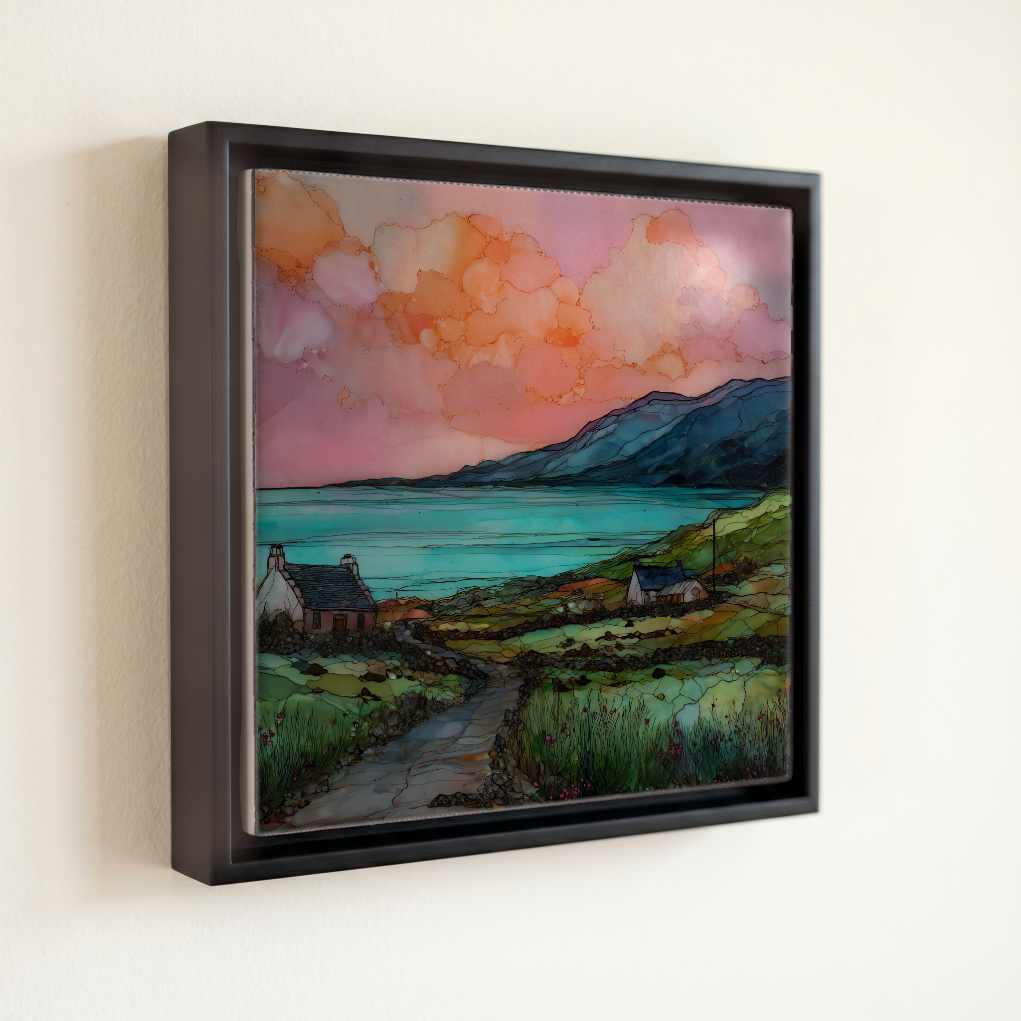 shown in a slim black floating frame · 6 × 6 in