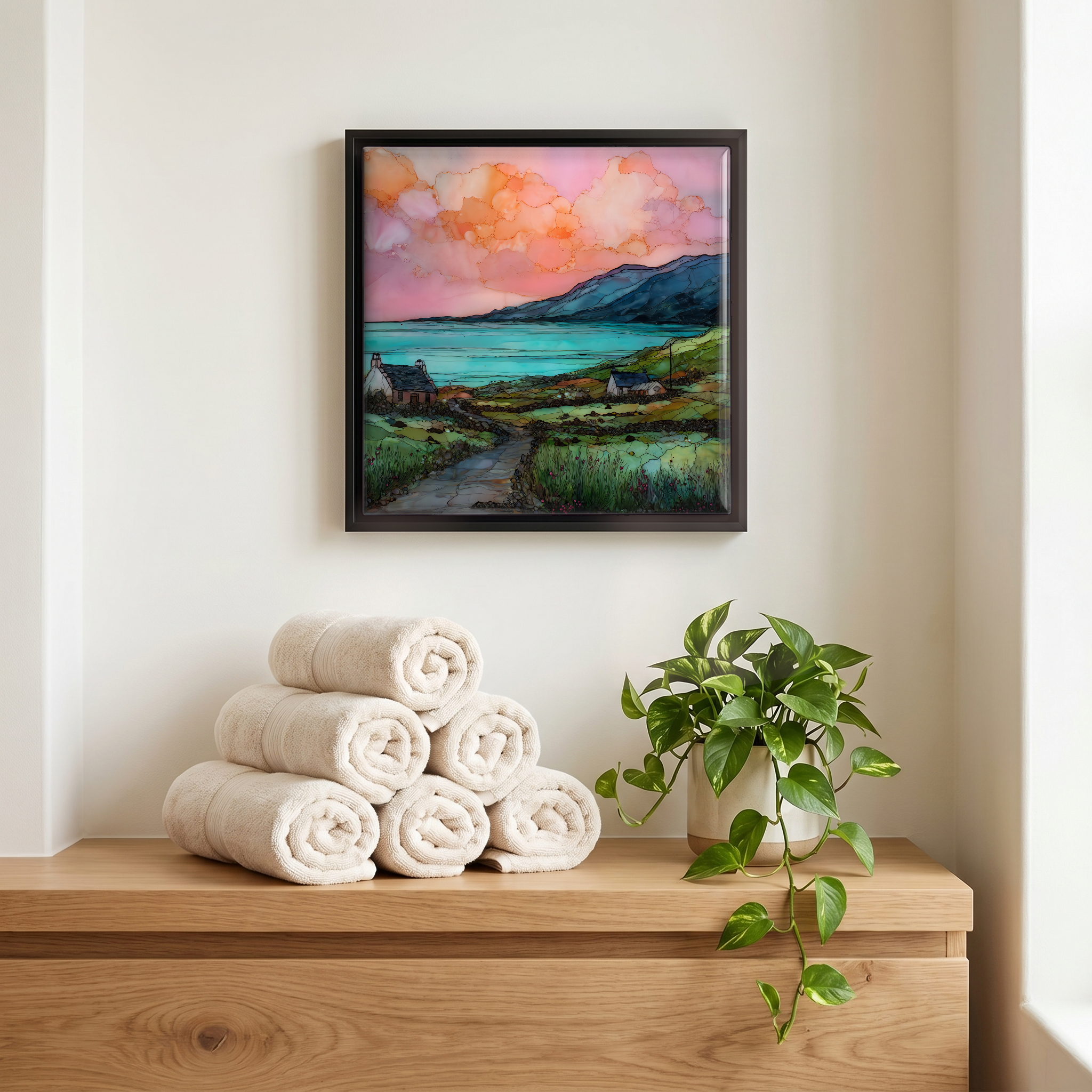 Above the linens, in a slim black surround.