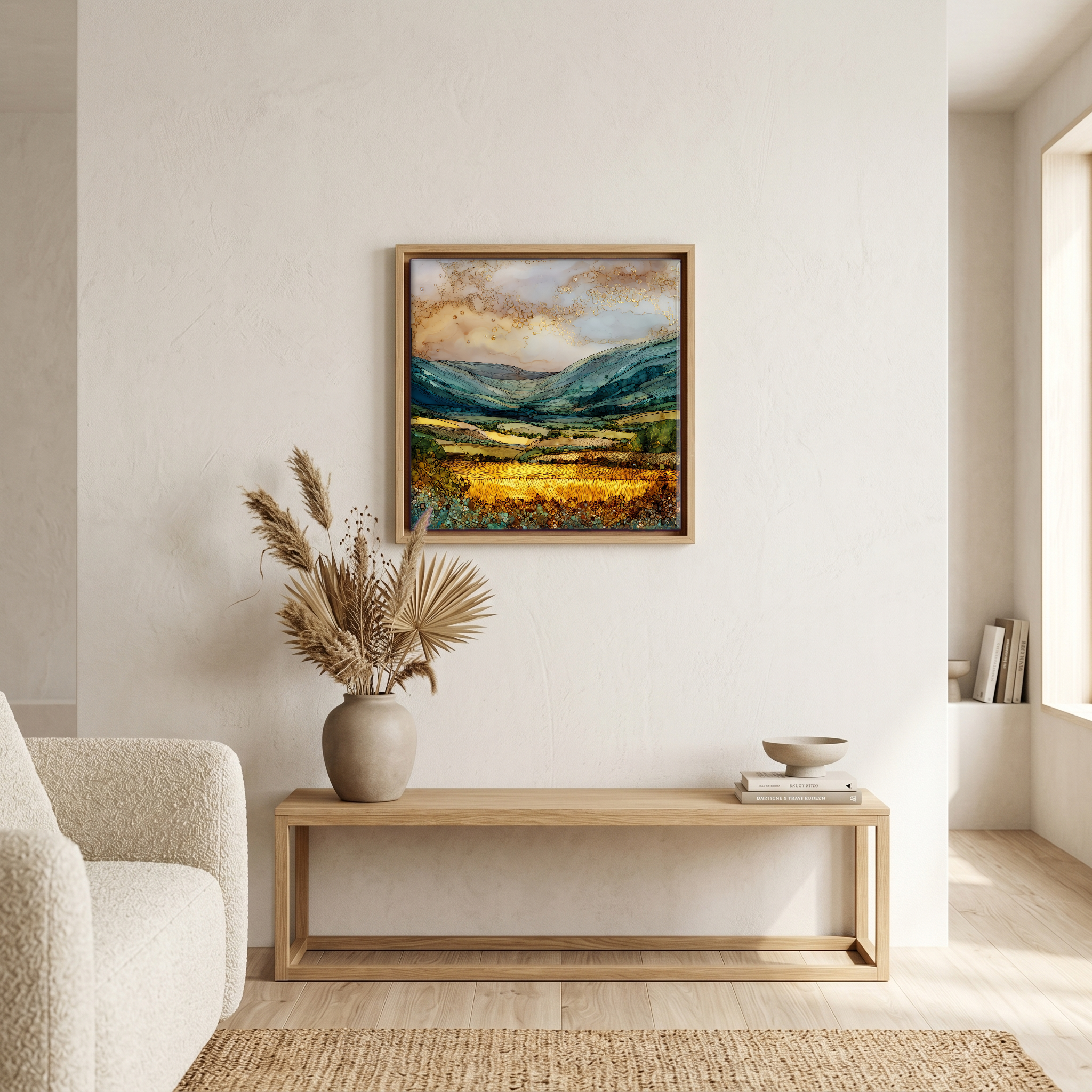 Above the bench, in a warm oak surround.