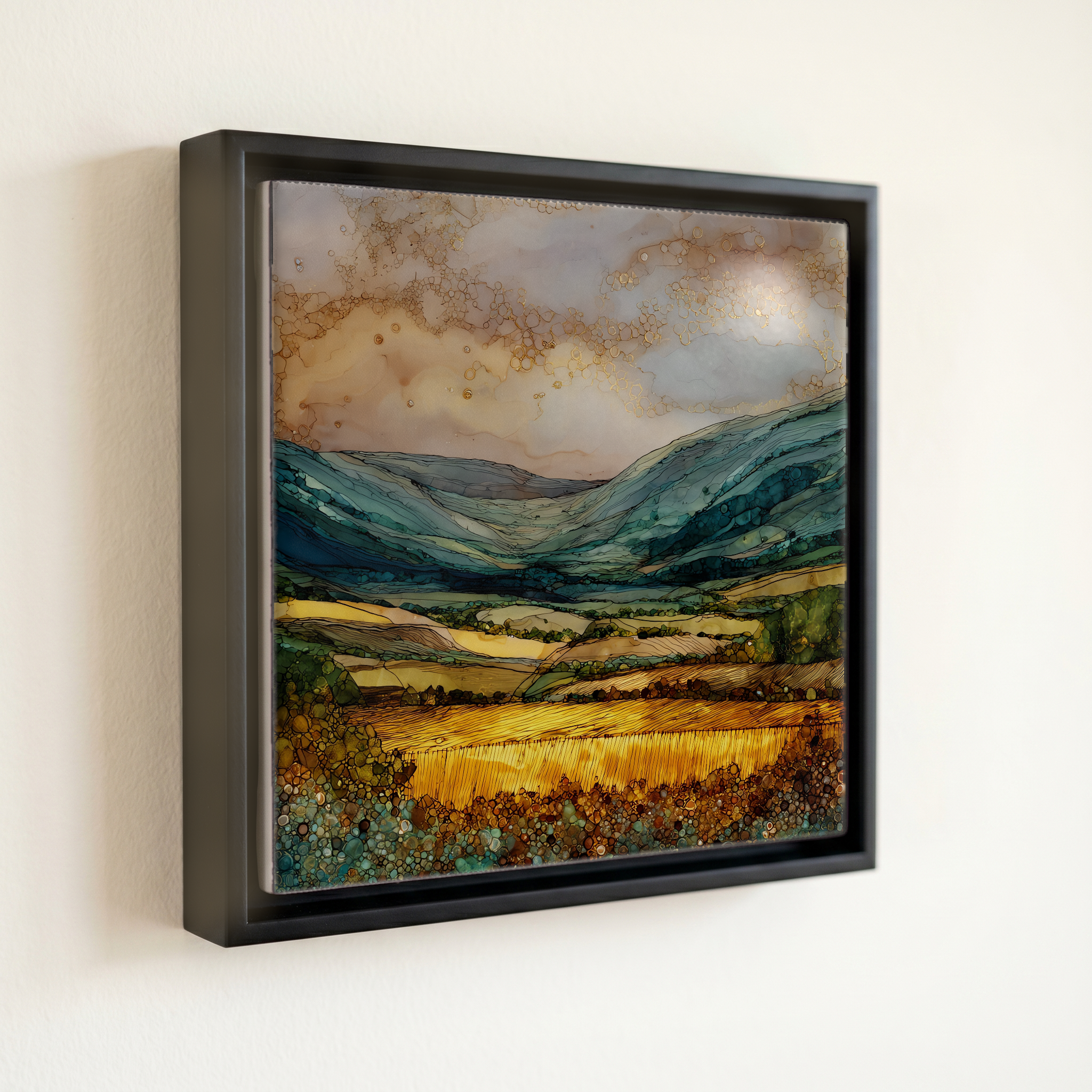 shown in a slim black floating frame · 6 × 6 in