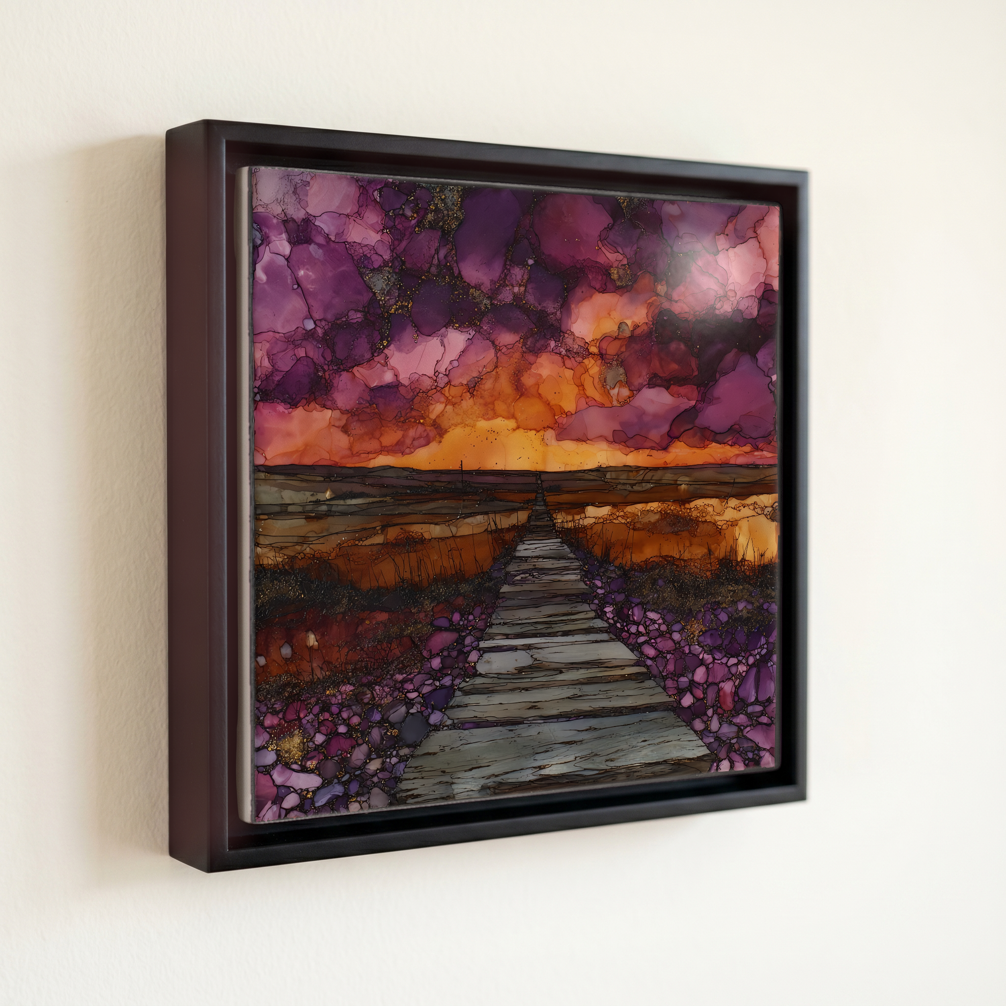 shown in a slim black floating frame · 6 × 6 in