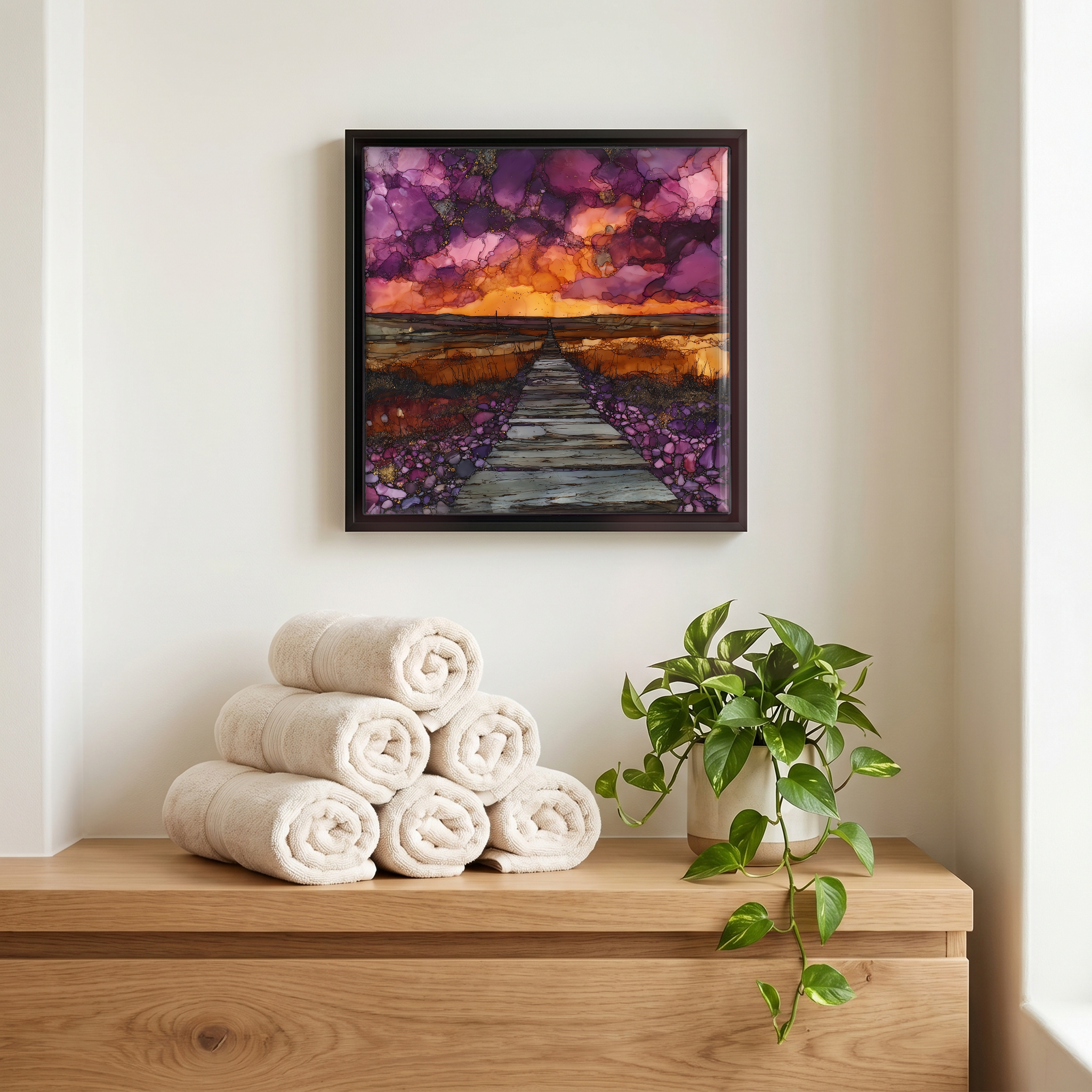 Above the linens, in a slim black surround.