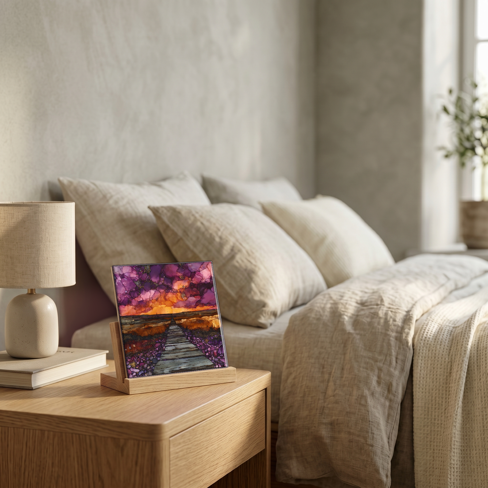 On the nightstand, on a light oak stand.