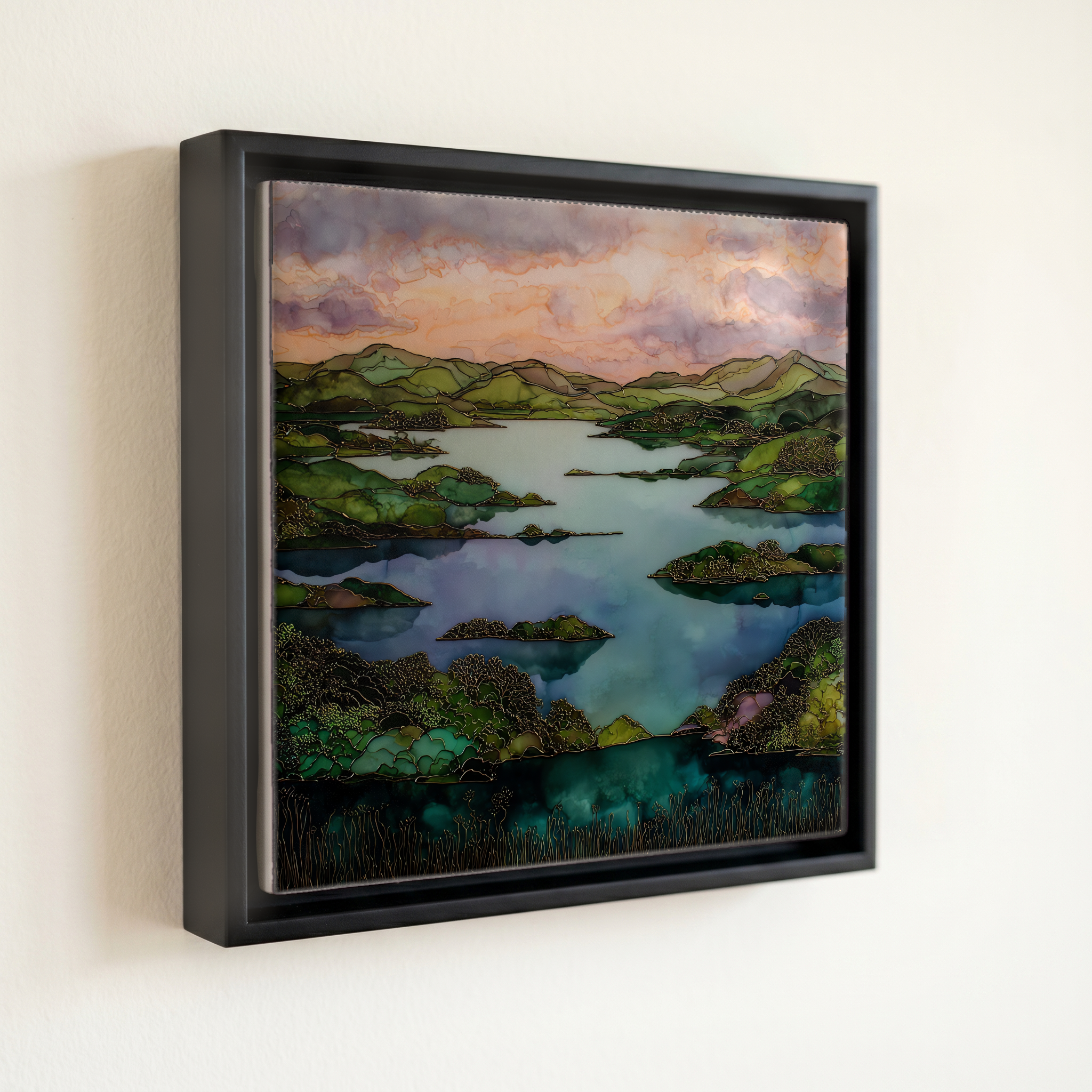 shown in a slim black floating frame · 6 × 6 in