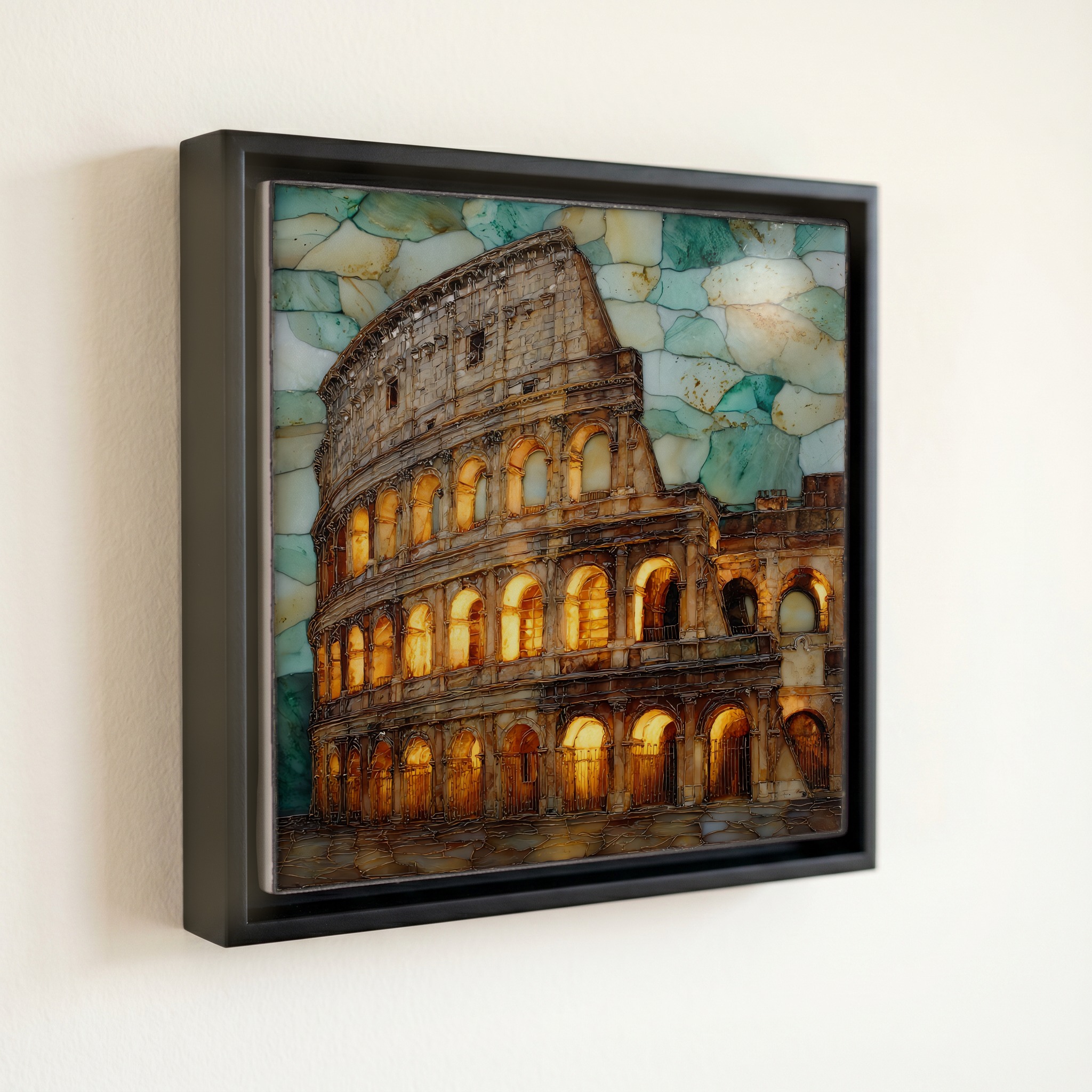shown in a slim black floating frame · 6 × 6 in