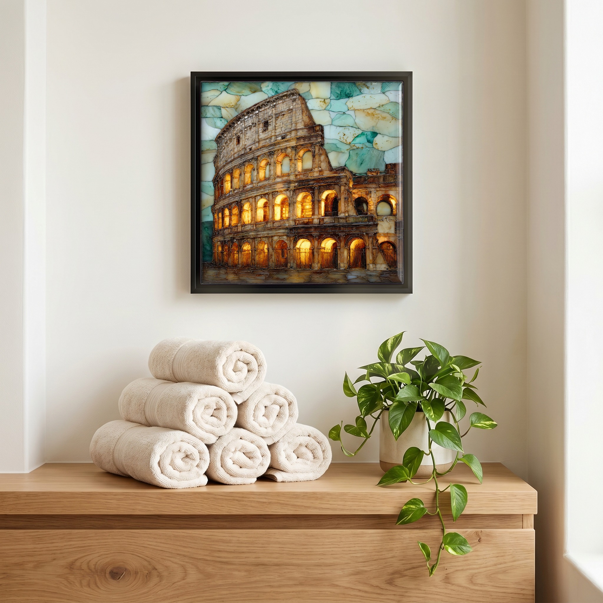 Above the linens, in a slim black surround.