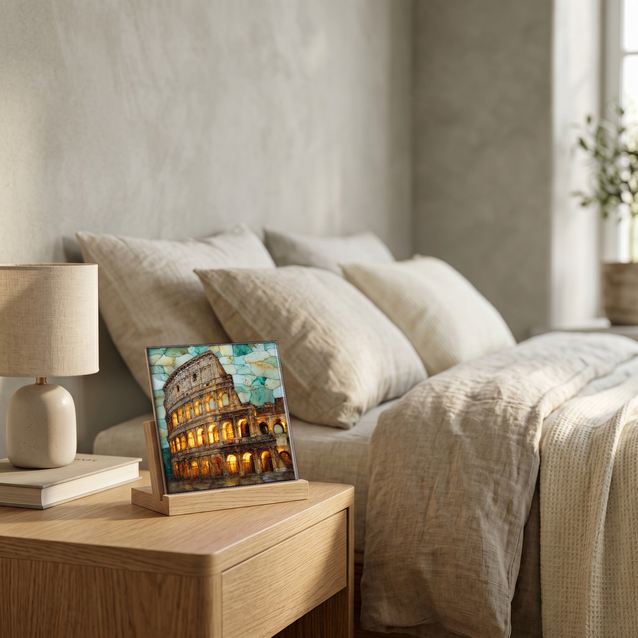 On the nightstand, on a light oak stand.