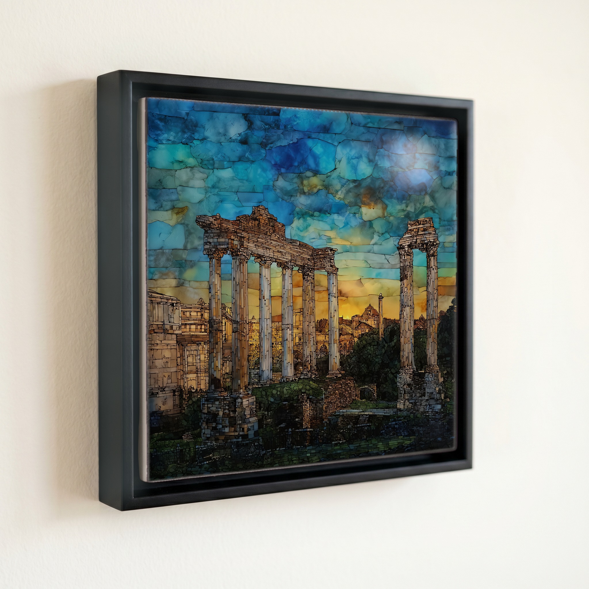 shown in a slim black floating frame · 6 × 6 in