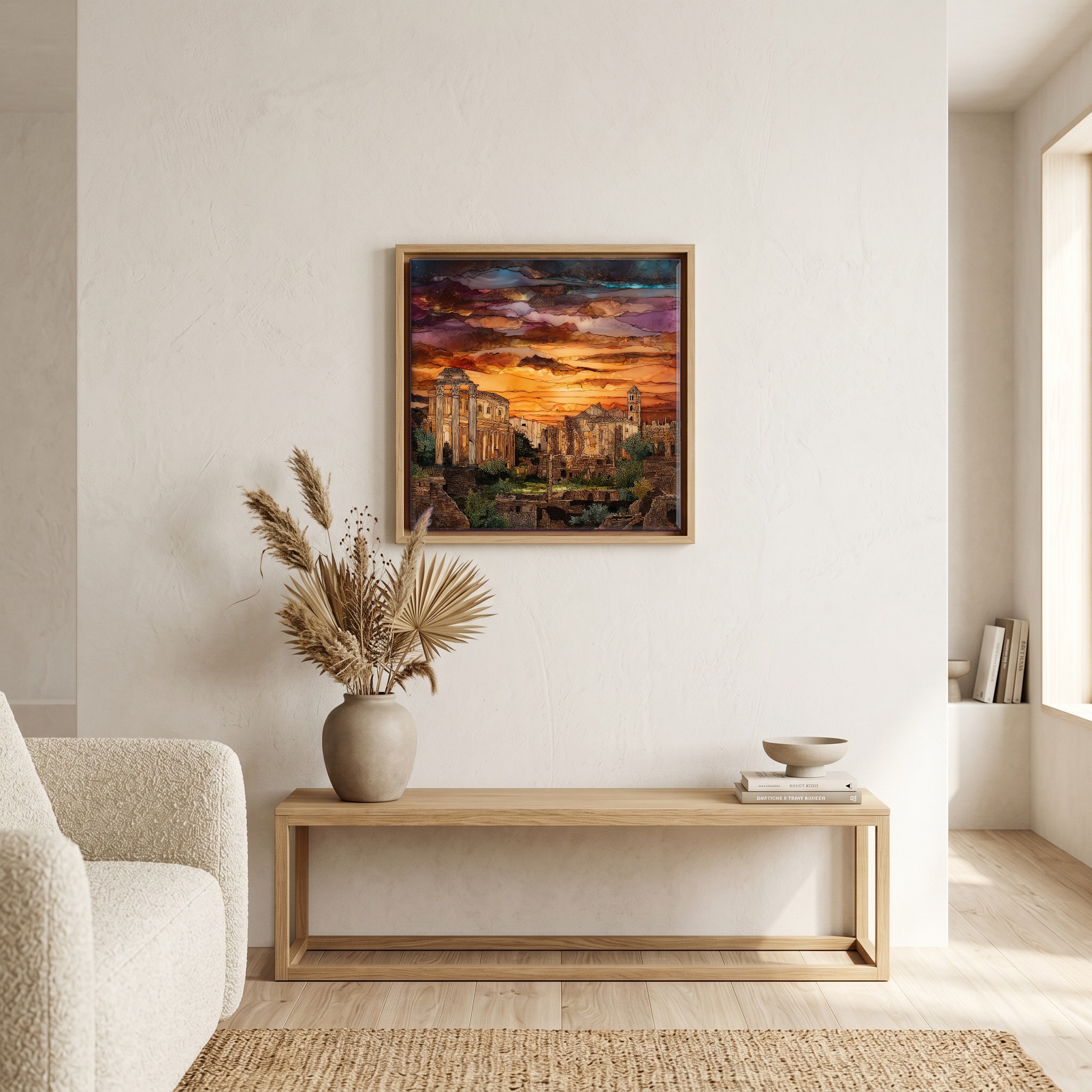 Above the bench, in a warm oak surround.