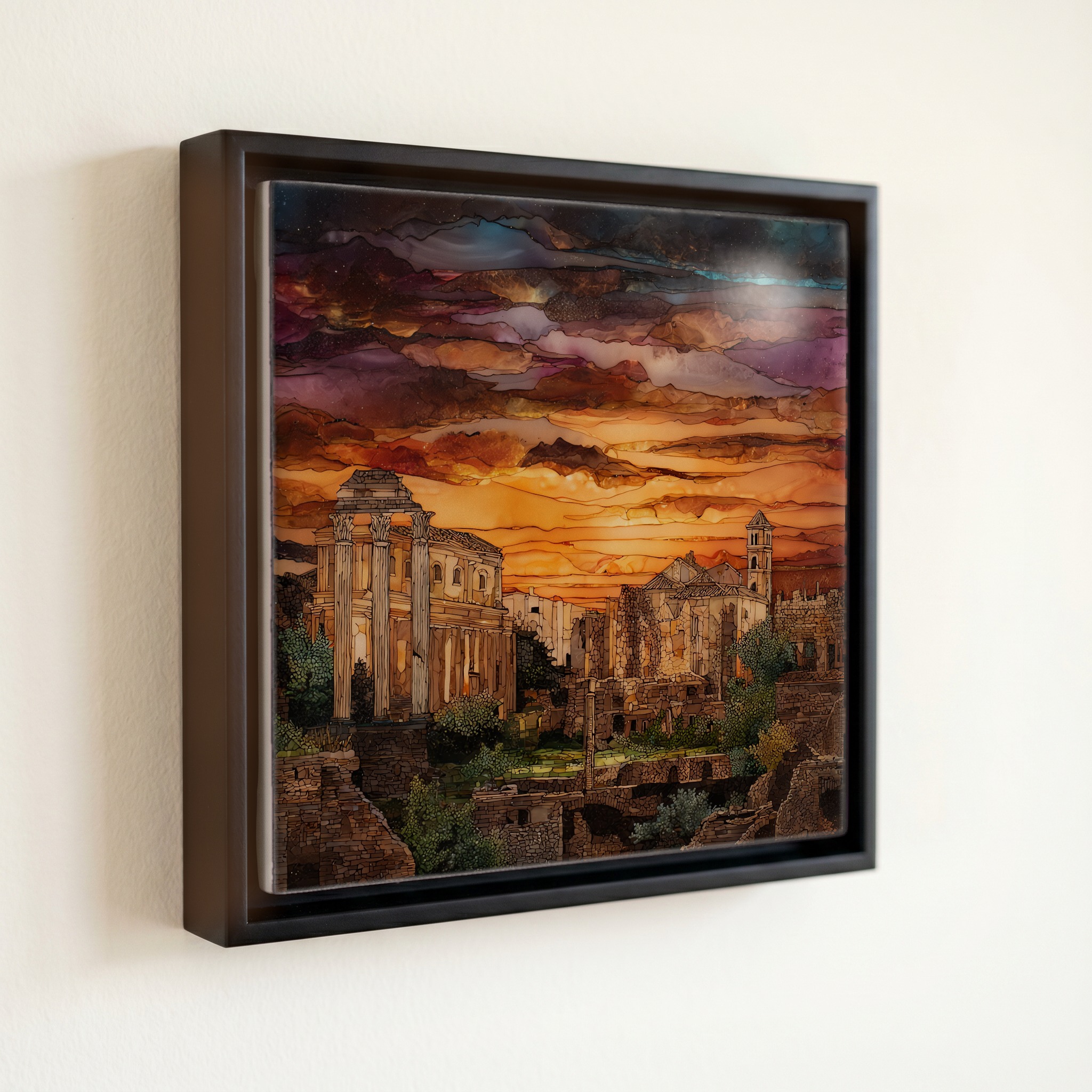 shown in a slim black floating frame · 6 × 6 in