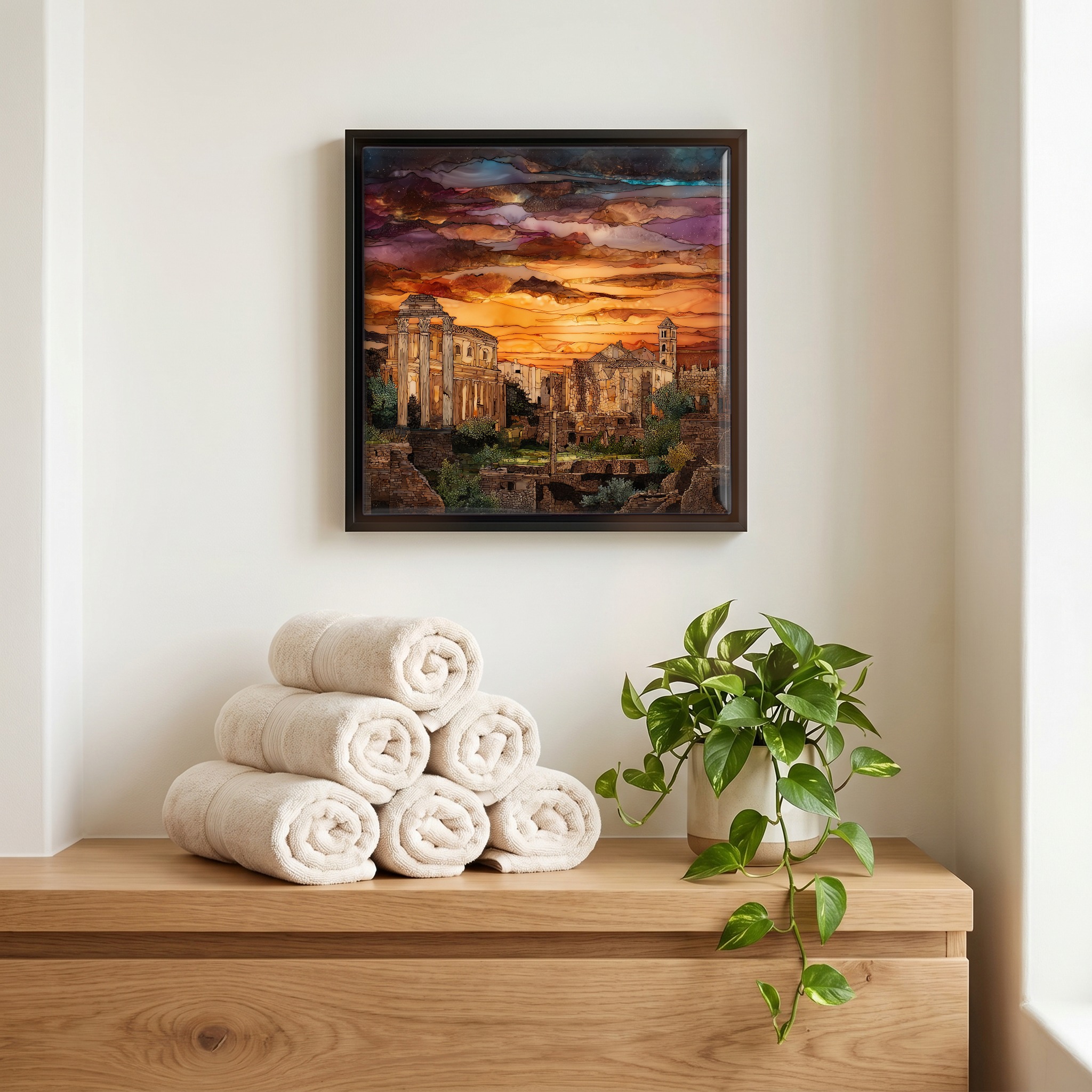 Above the linens, in a slim black surround.