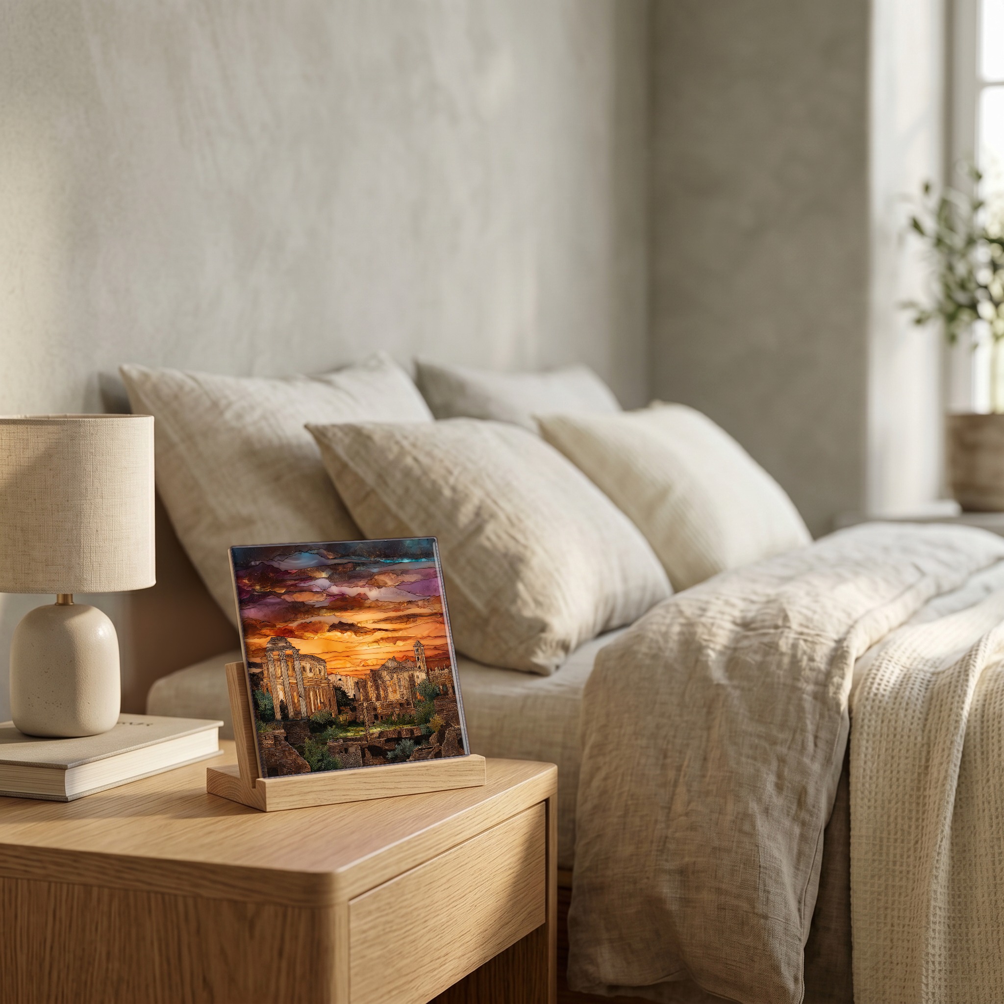 On the nightstand, on a light oak stand.