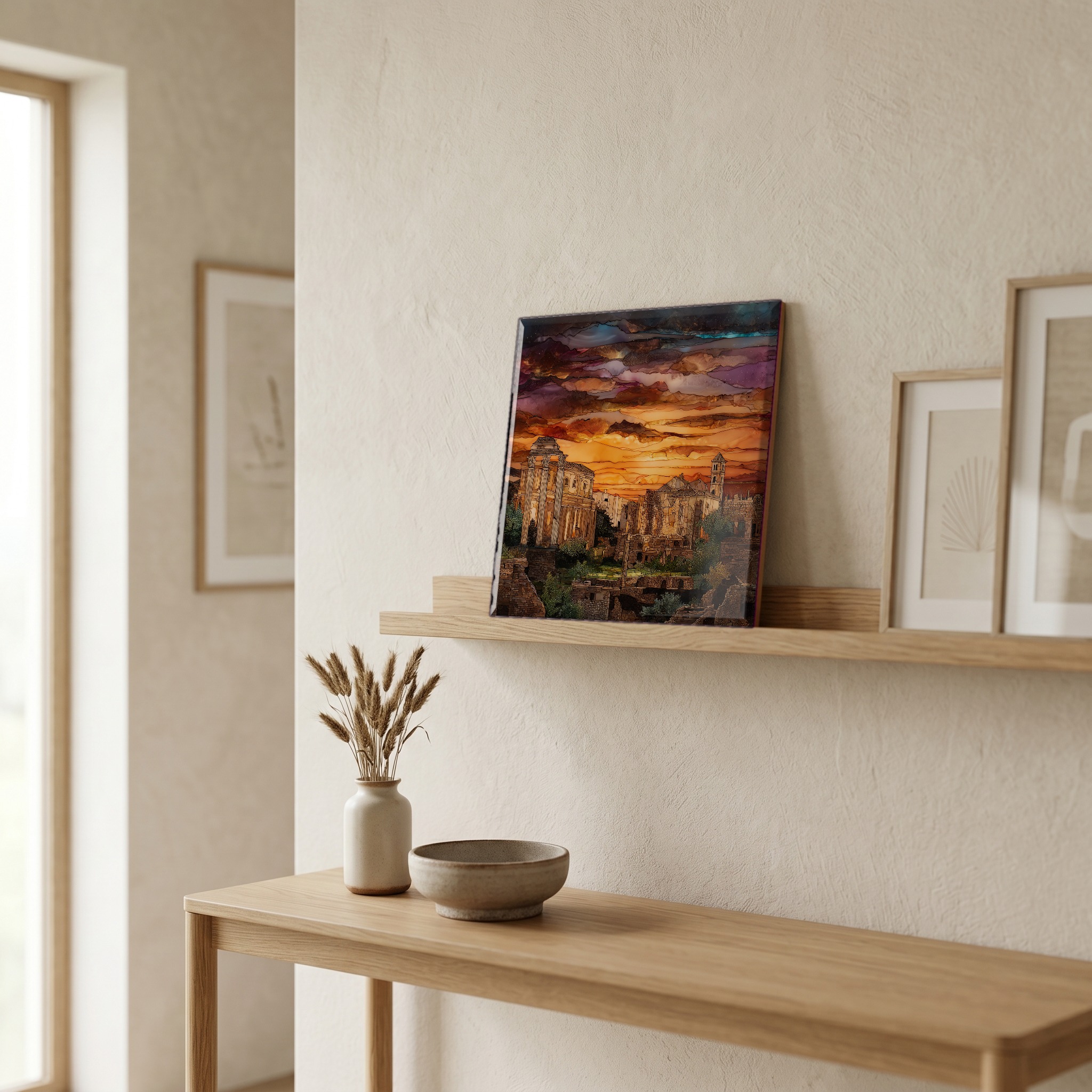 On a picture ledge, where the light comes in.