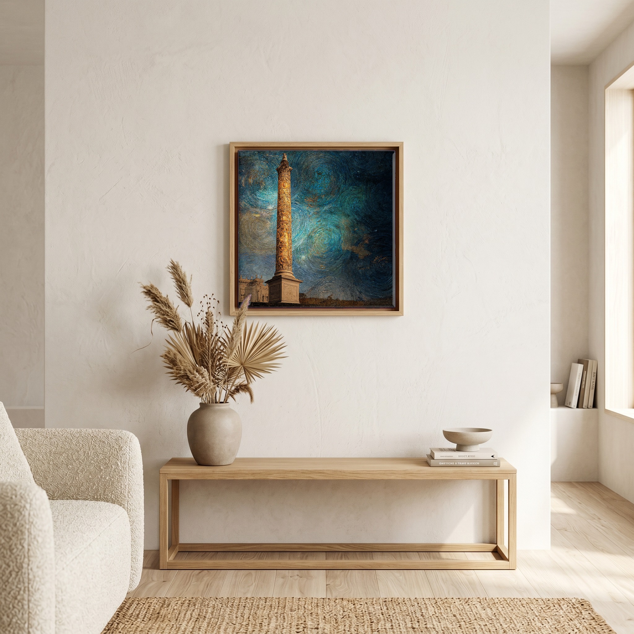 Above the bench, in a warm oak surround.
