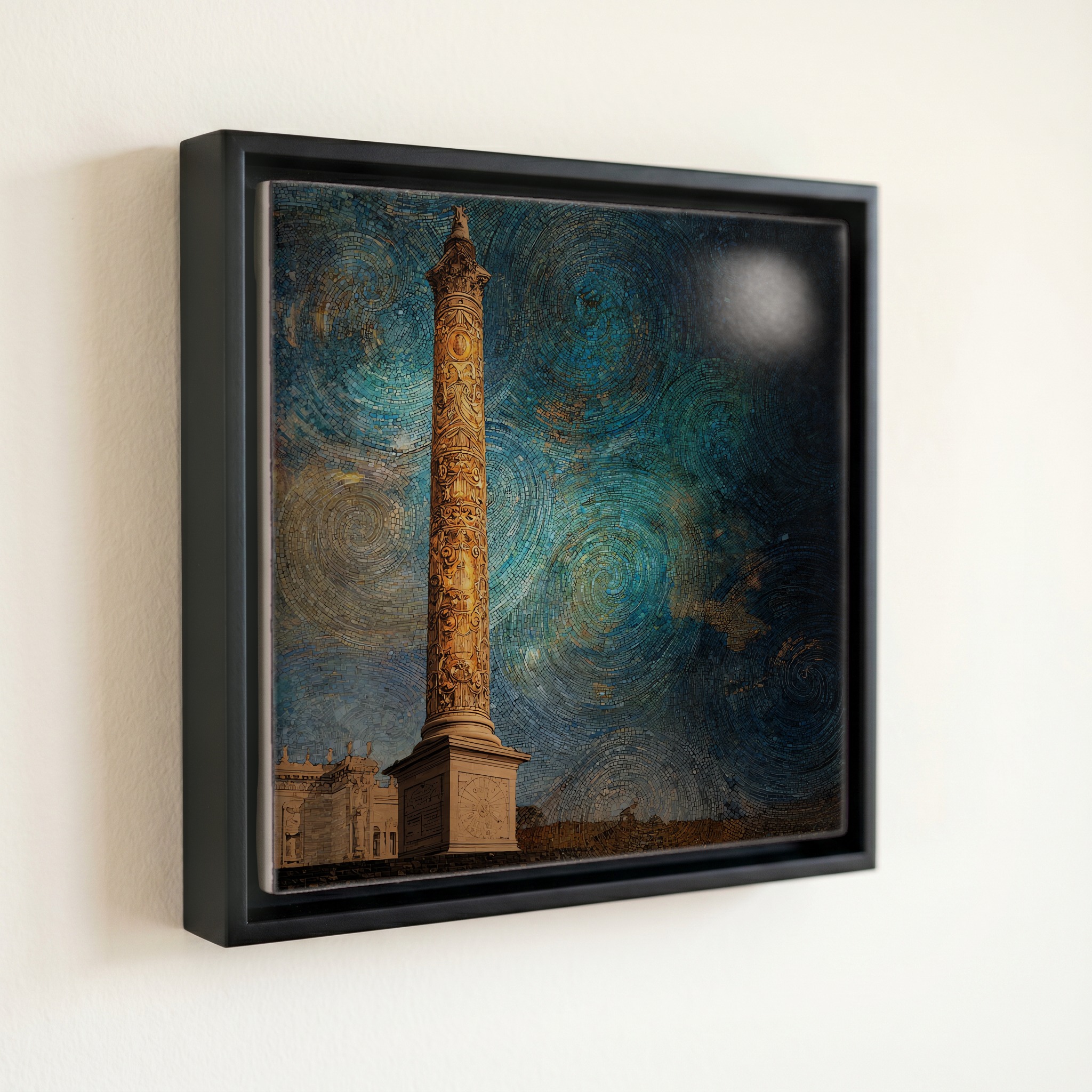 shown in a slim black floating frame · 6 × 6 in