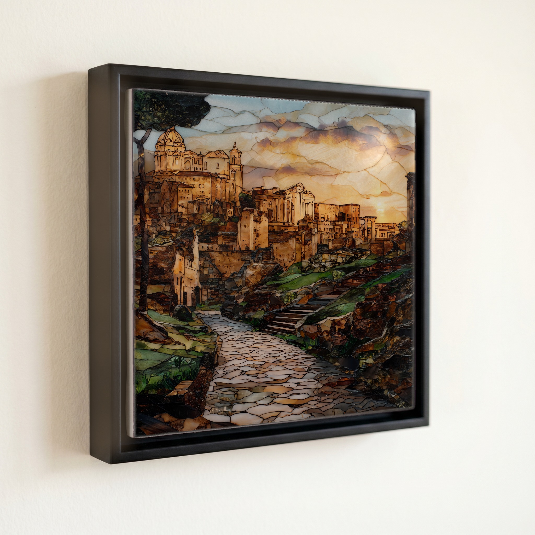 shown in a slim black floating frame · 6 × 6 in