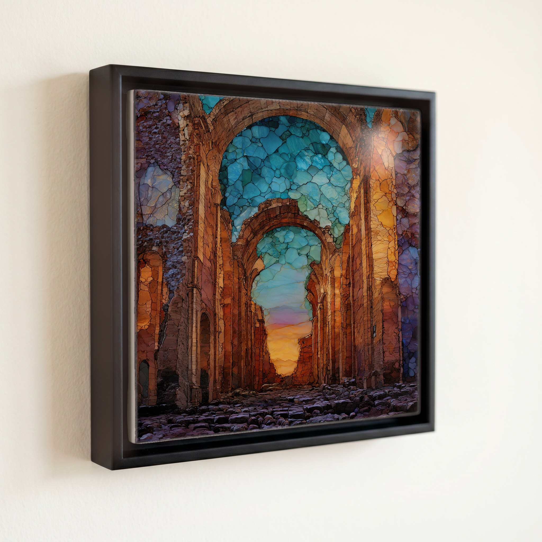 shown in a slim black floating frame · 6 × 6 in
