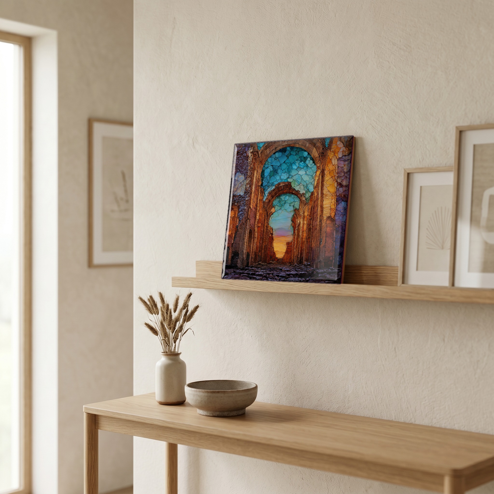 On a picture ledge, where the light comes in.
