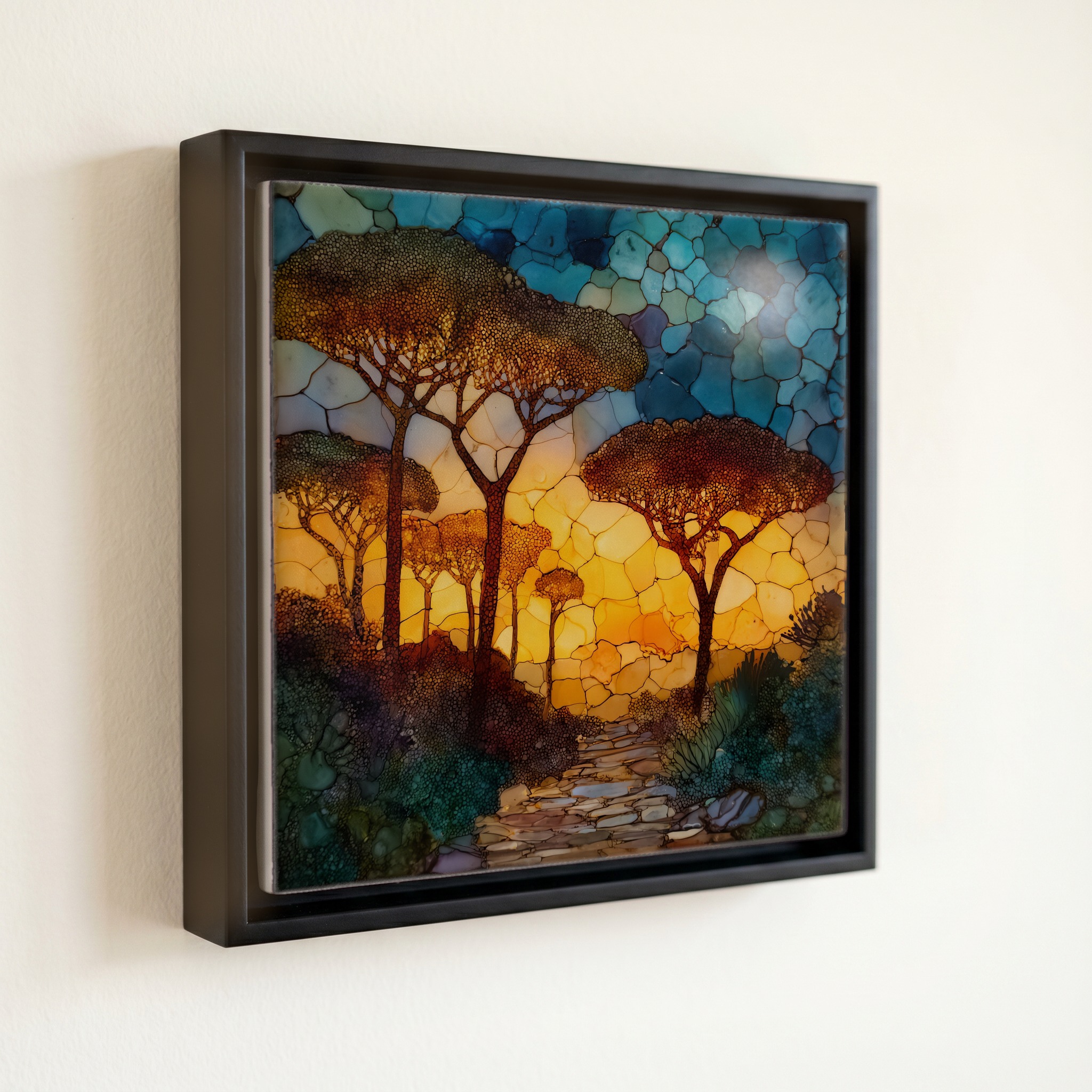 shown in a slim black floating frame · 6 × 6 in
