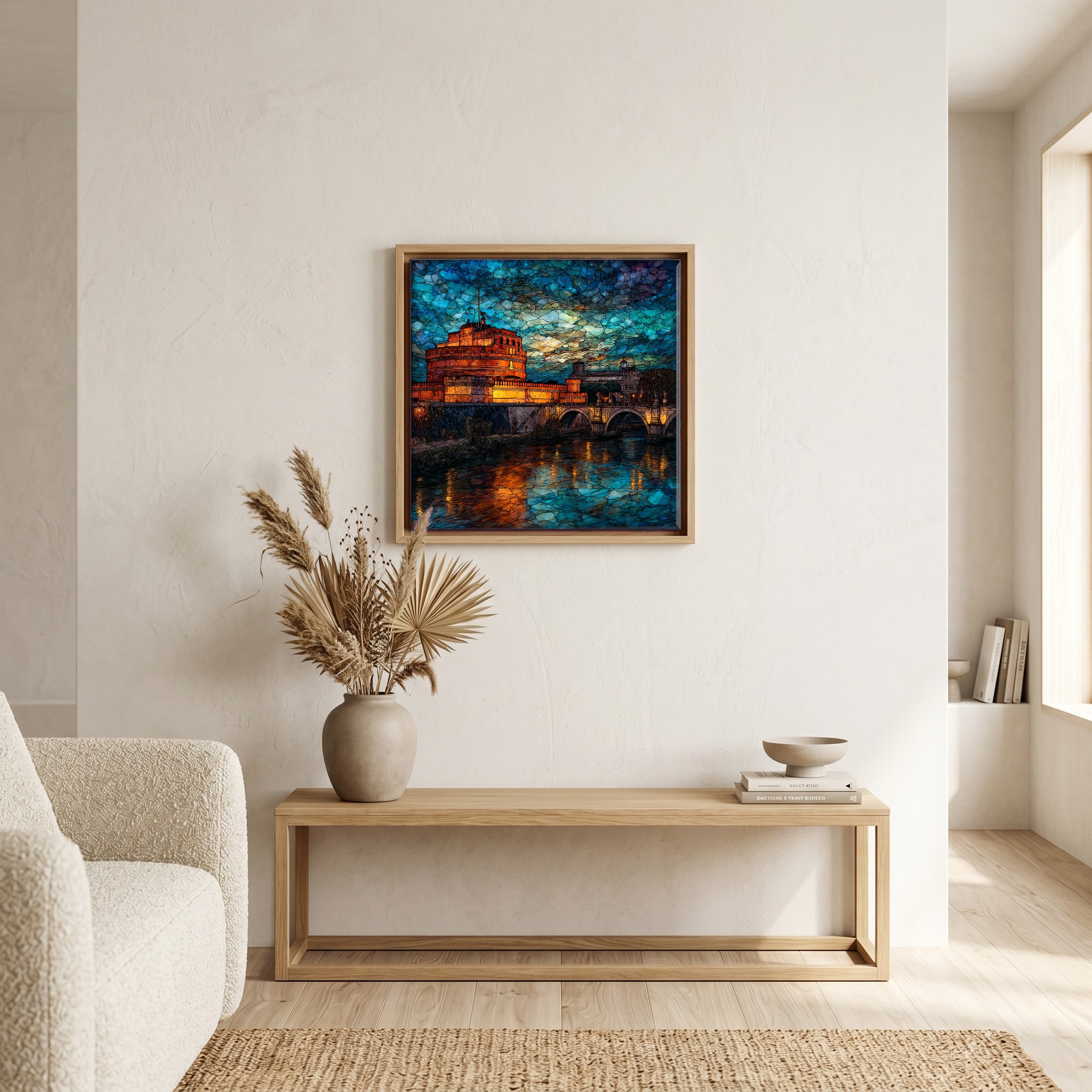 Above the bench, in a warm oak surround.