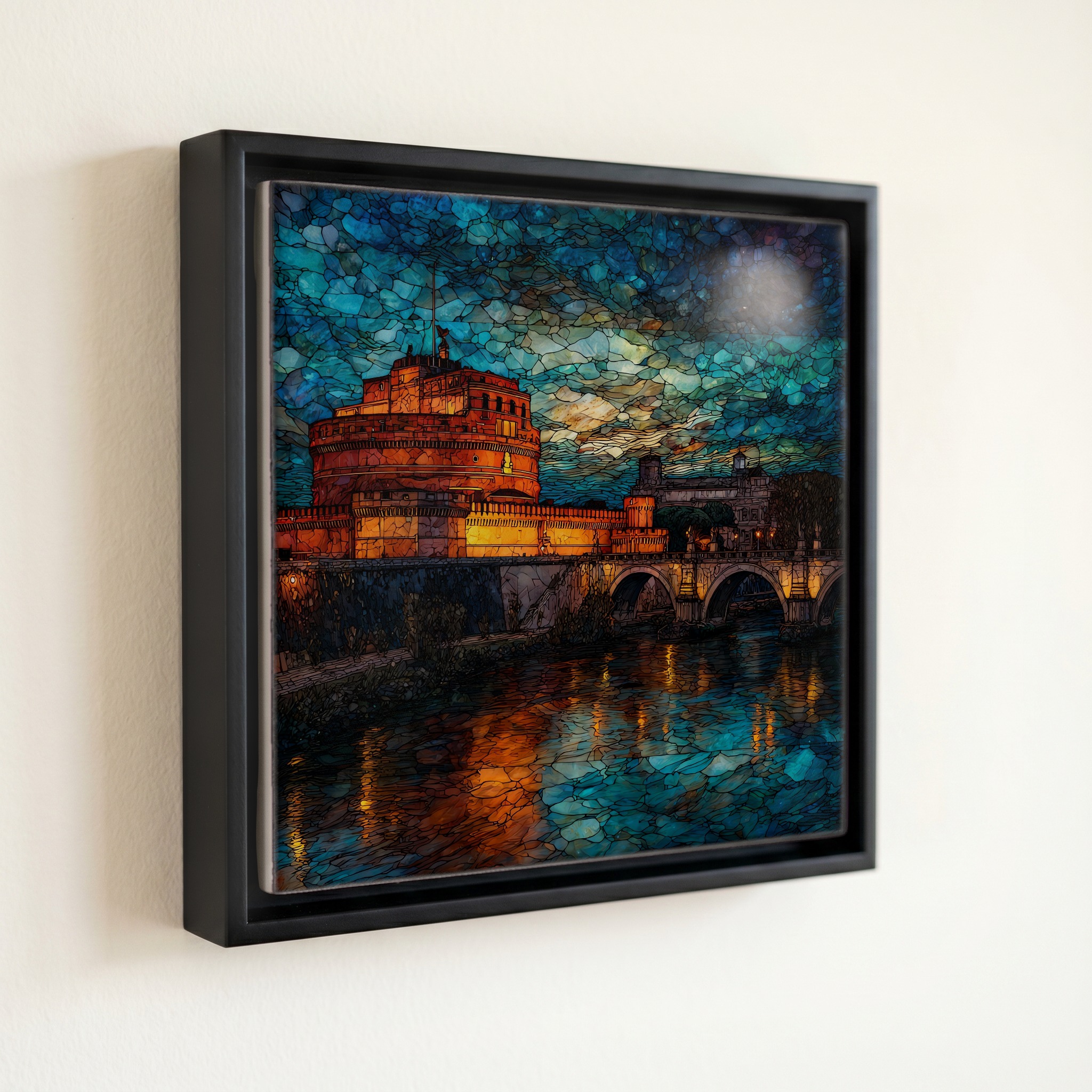 shown in a slim black floating frame · 6 × 6 in