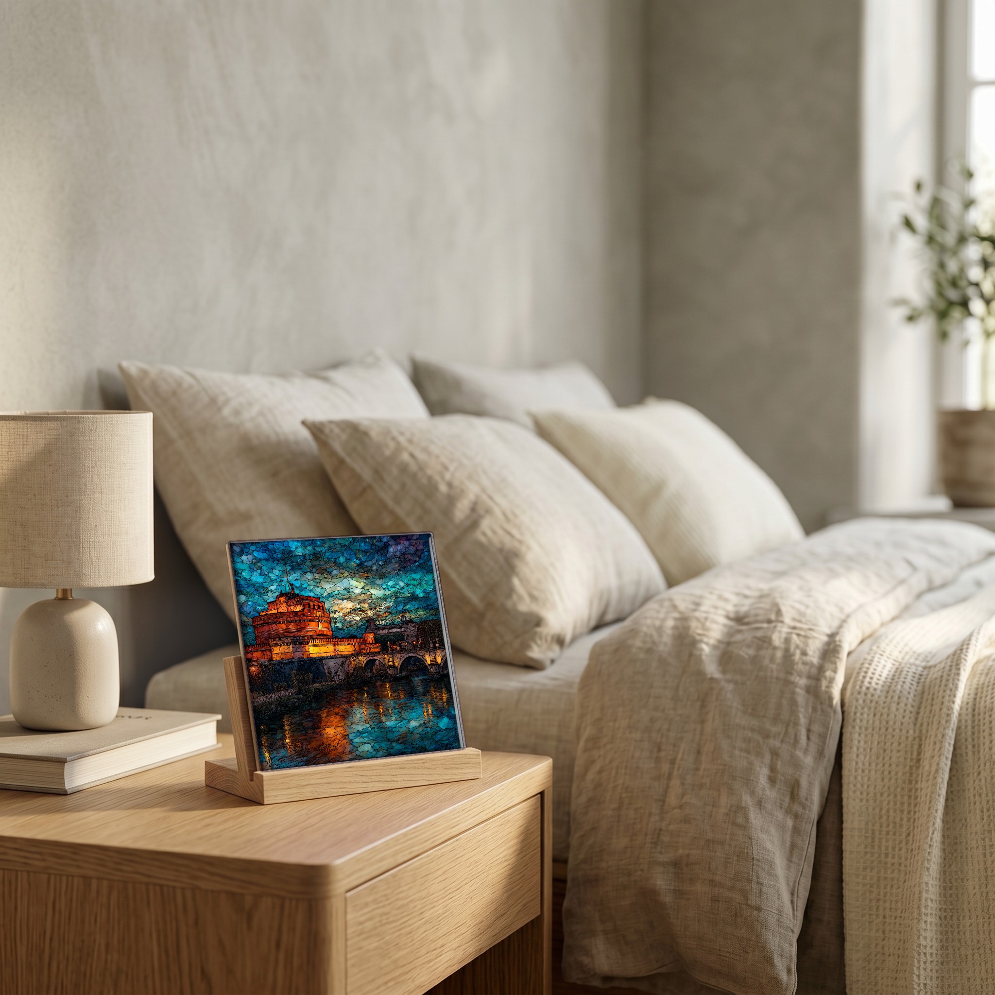 On the nightstand, on a light oak stand.