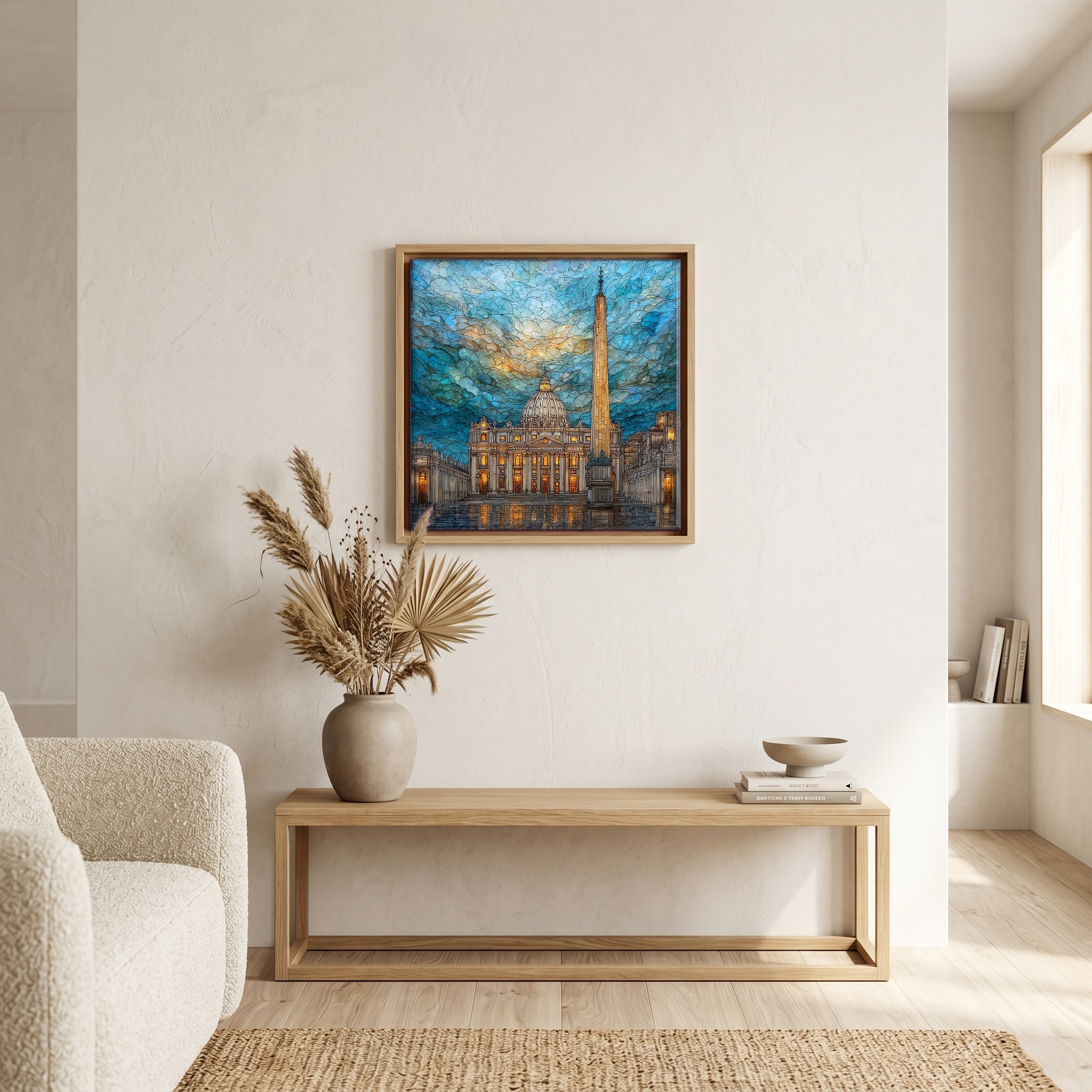 Above the bench, in a warm oak surround.