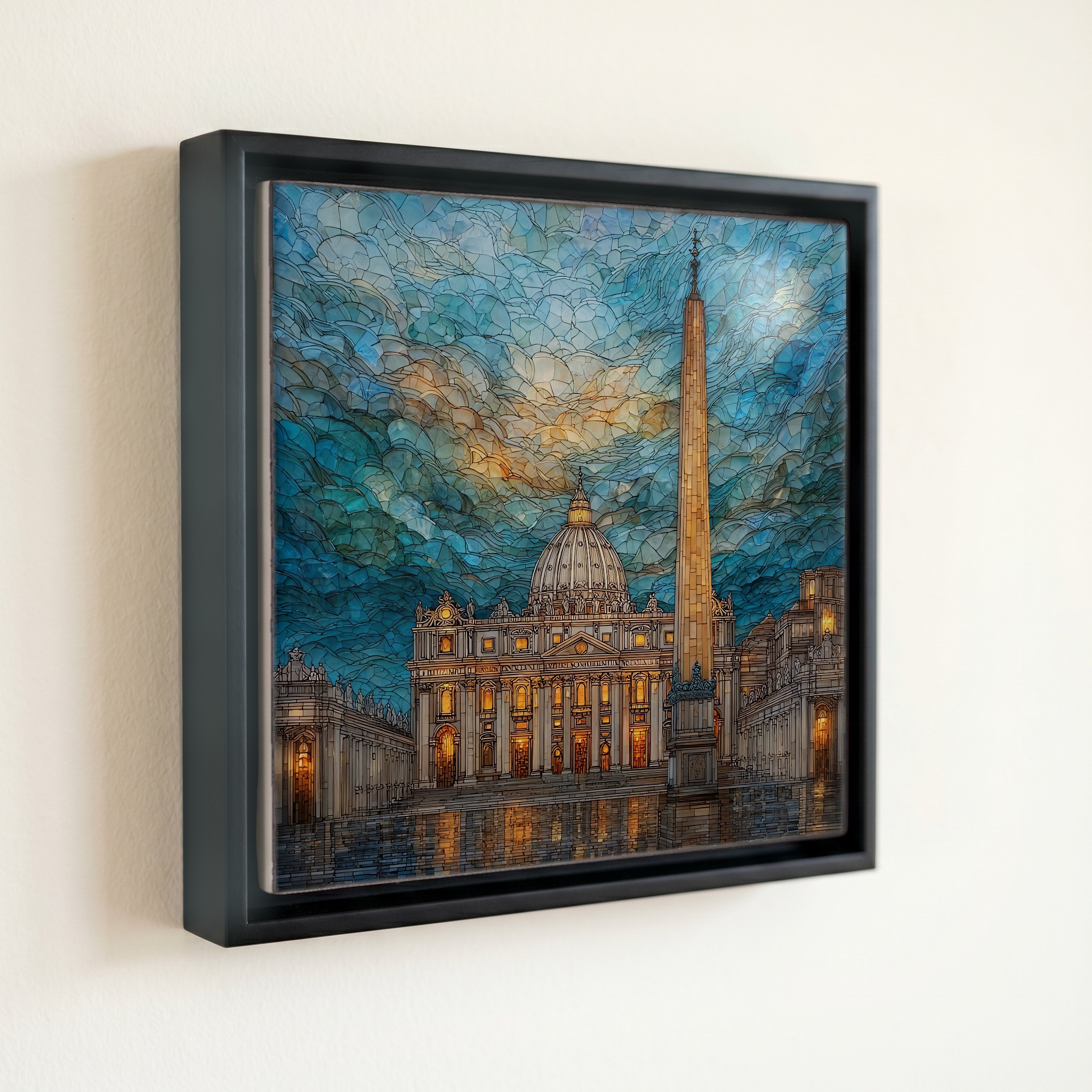 shown in a slim black floating frame · 6 × 6 in