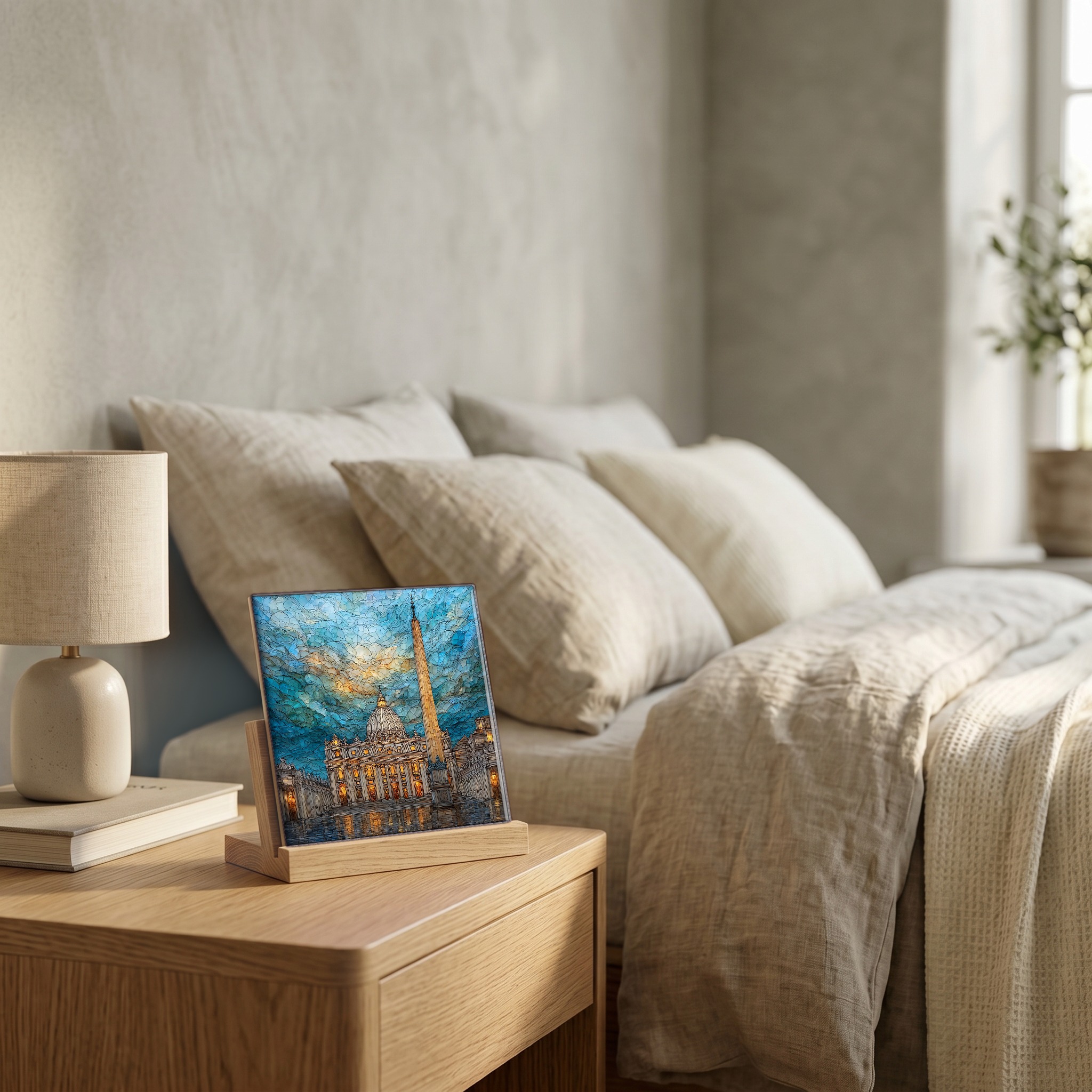 On the nightstand, on a light oak stand.