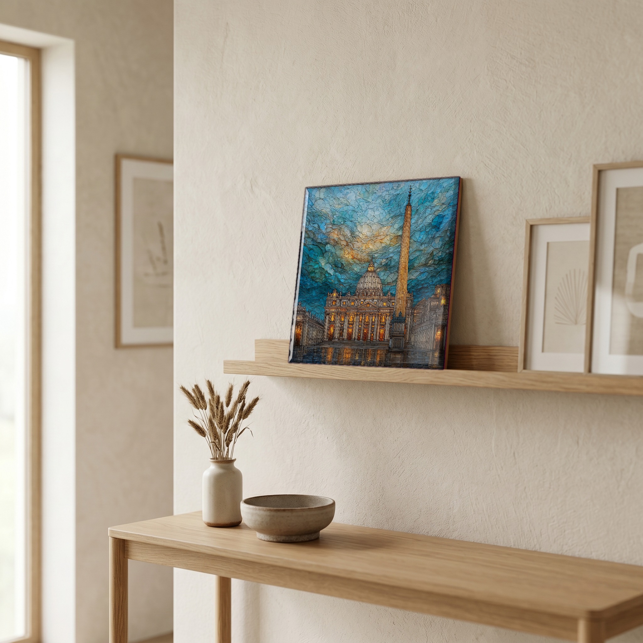 On a picture ledge, where the light comes in.