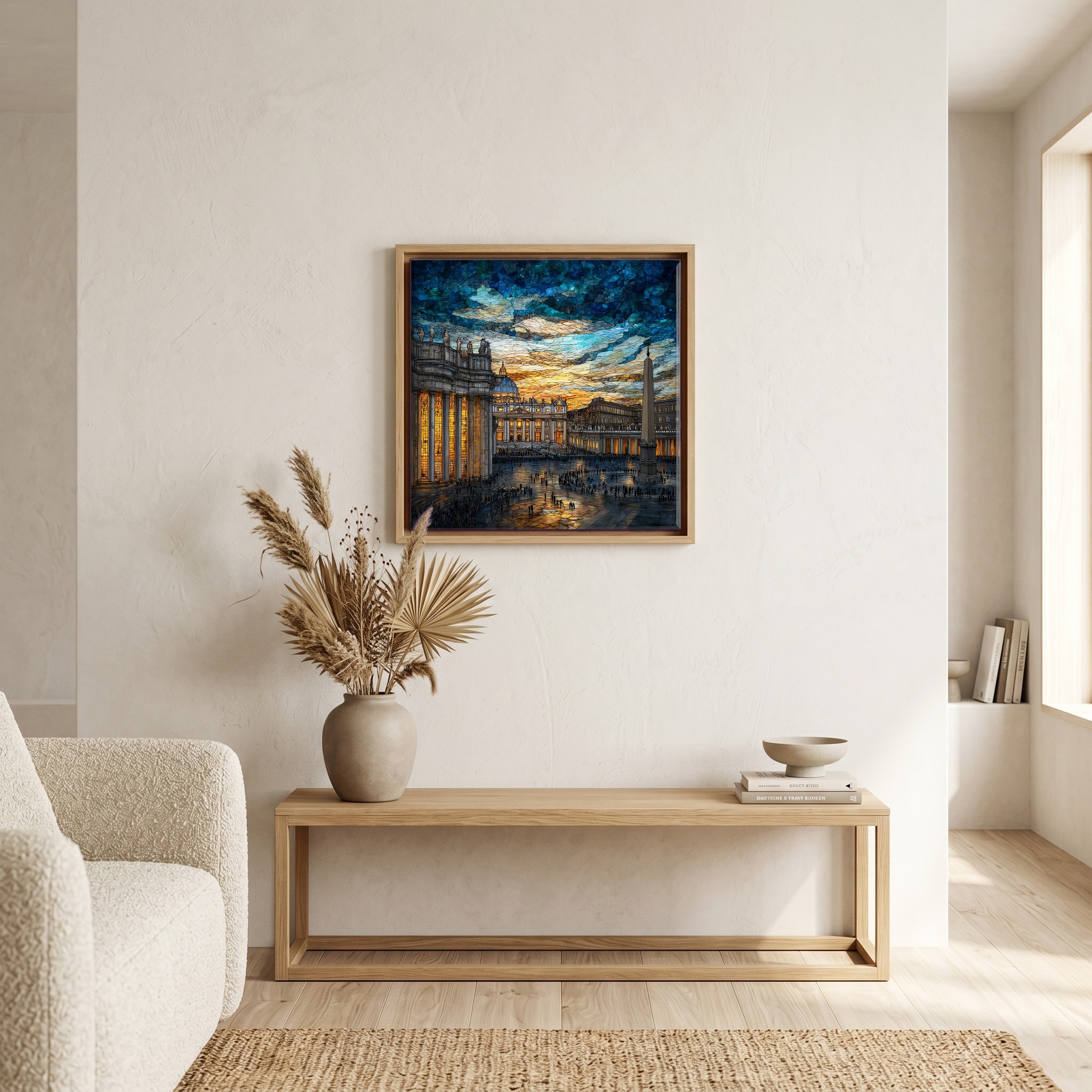 Above the bench, in a warm oak surround.