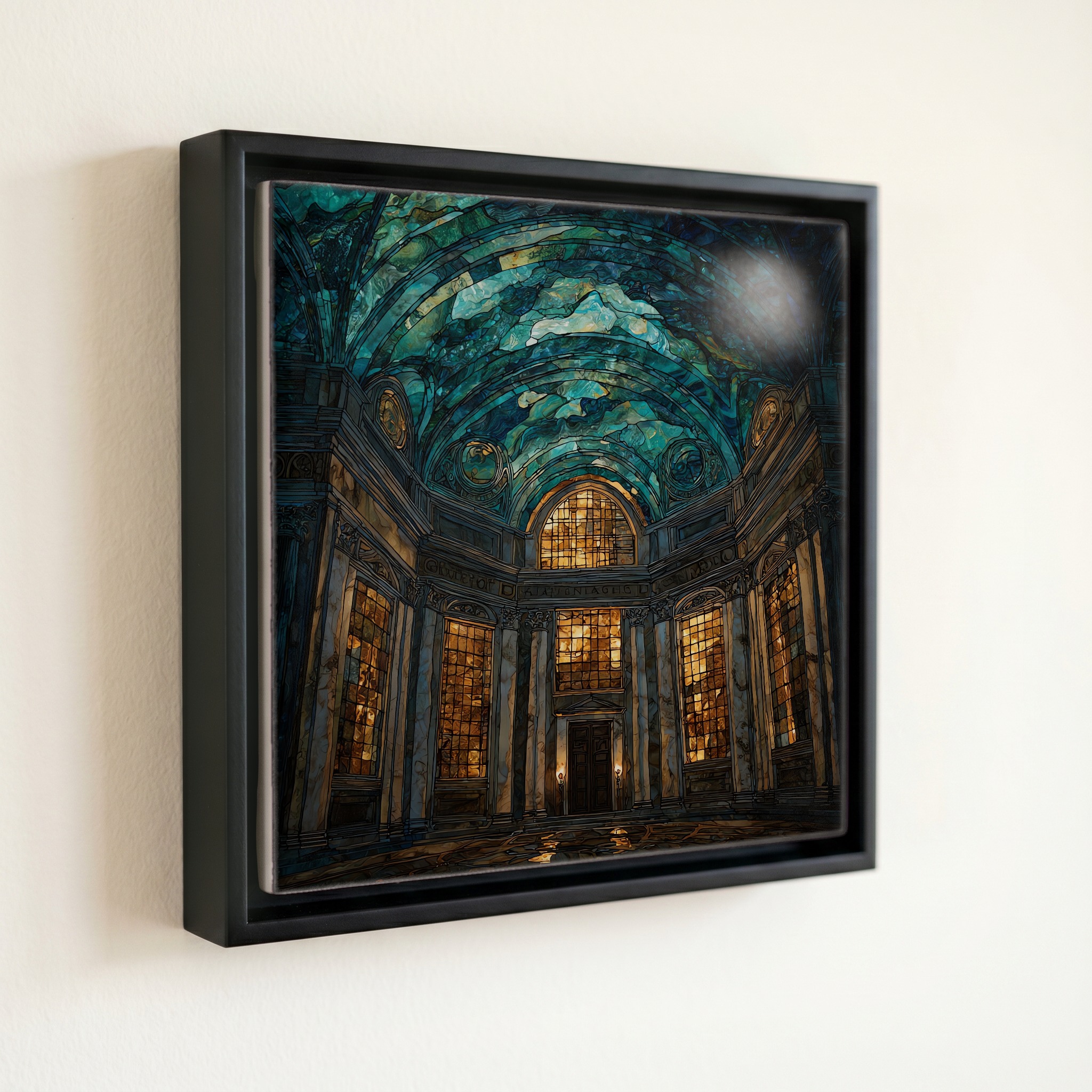 shown in a slim black floating frame · 6 × 6 in