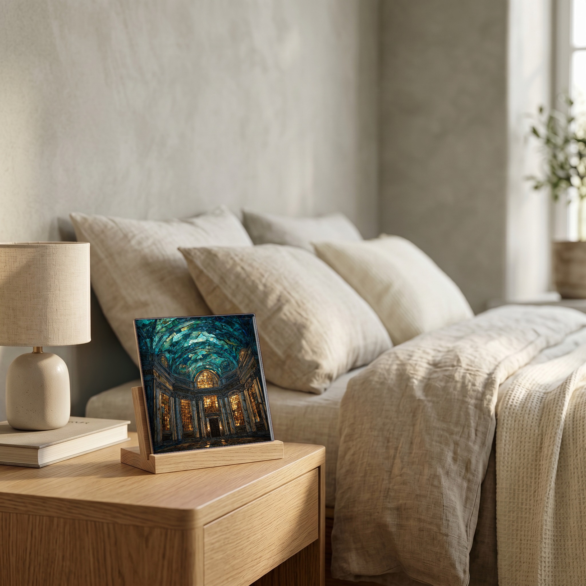 On the nightstand, on a light oak stand.