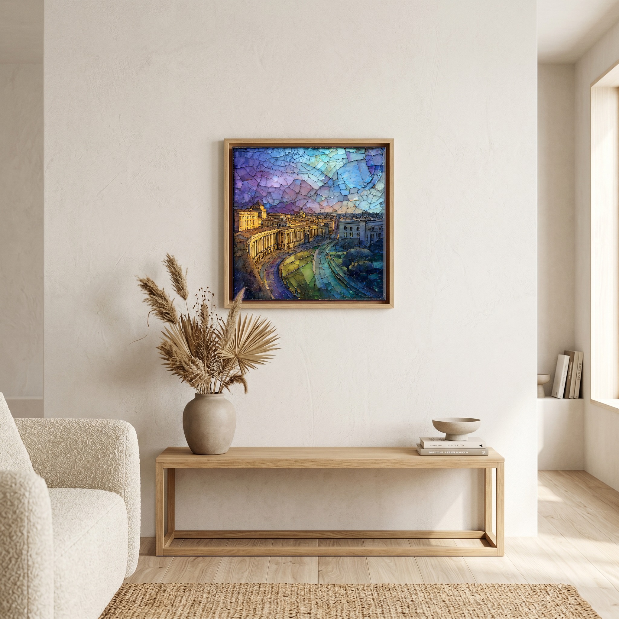 Above the bench, in a warm oak surround.