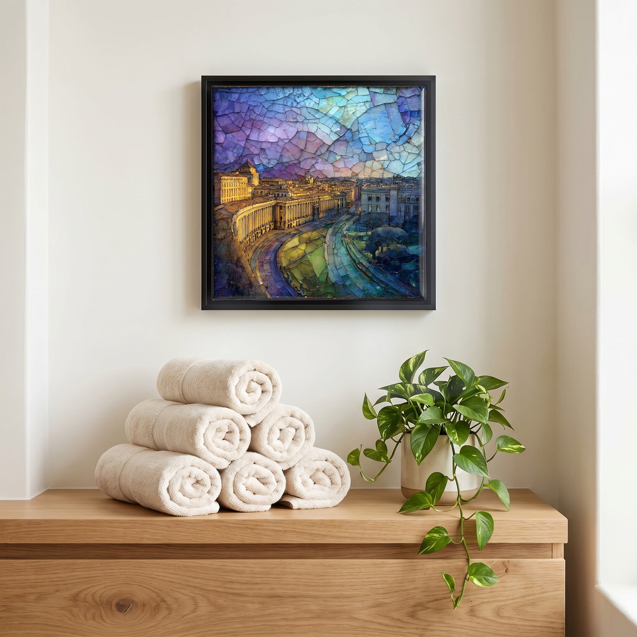 Above the linens, in a slim black surround.