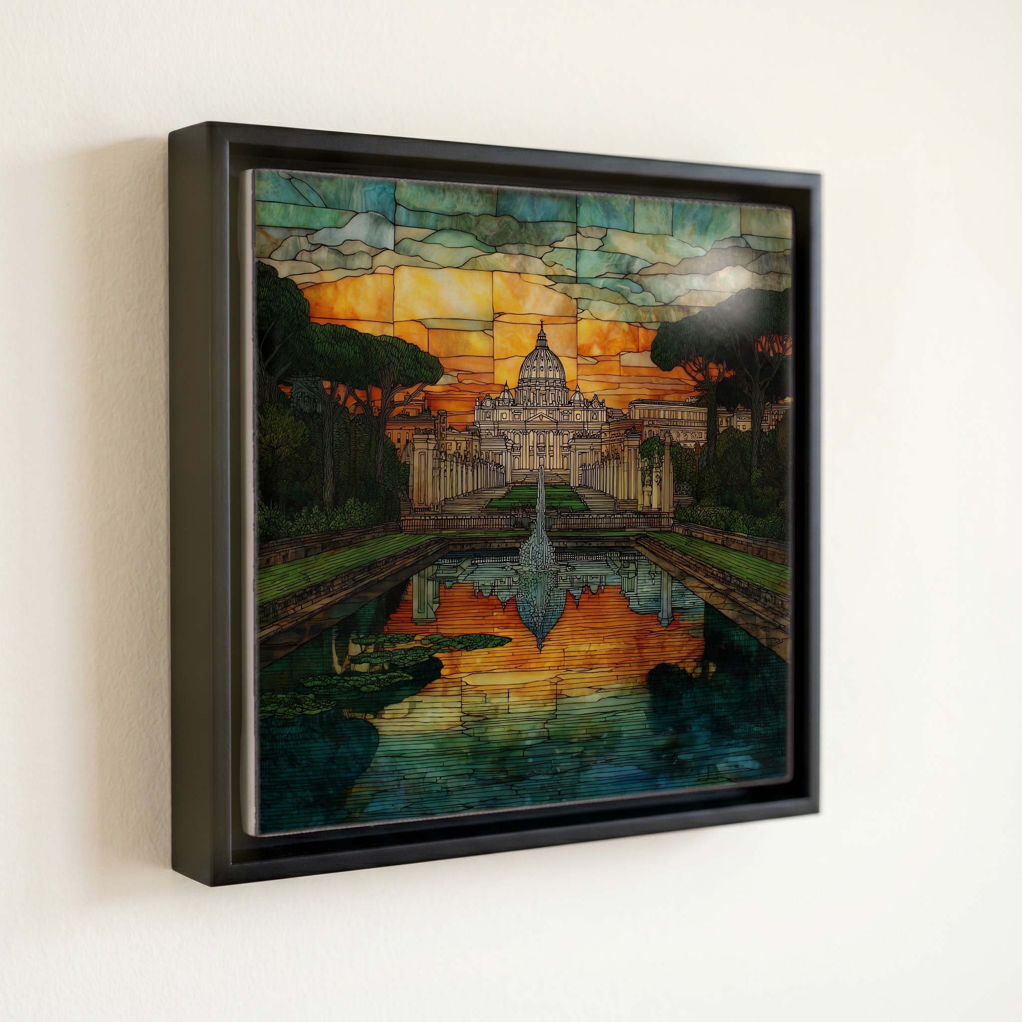 shown in a slim black floating frame · 6 × 6 in