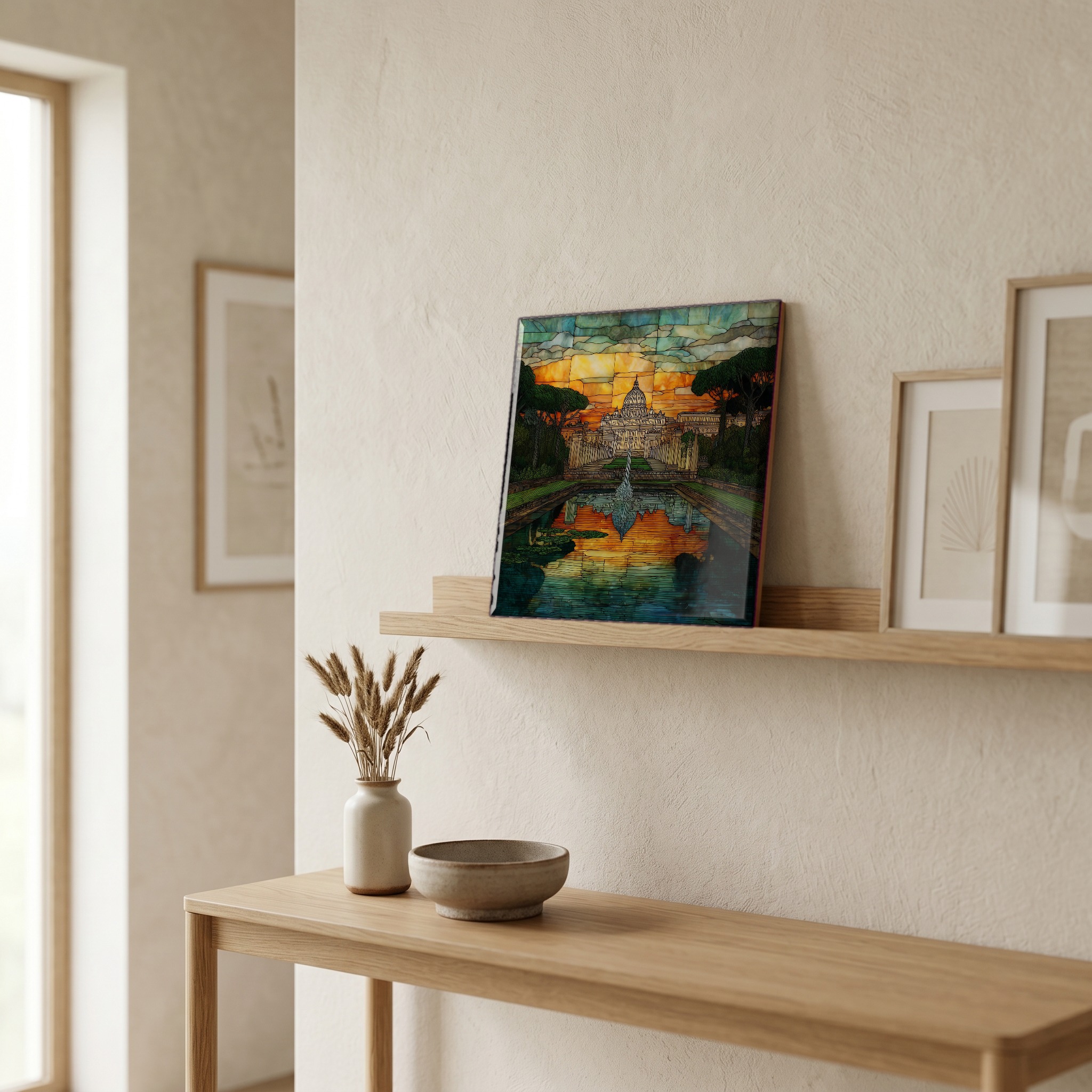 On a picture ledge, where the light comes in.