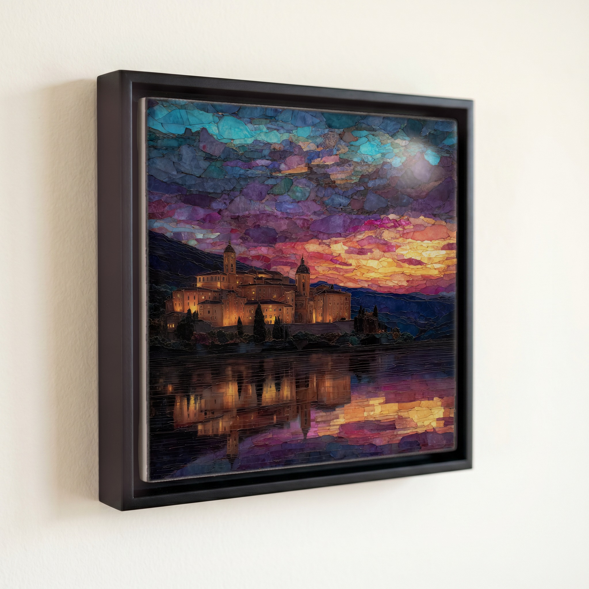 shown in a slim black floating frame · 6 × 6 in