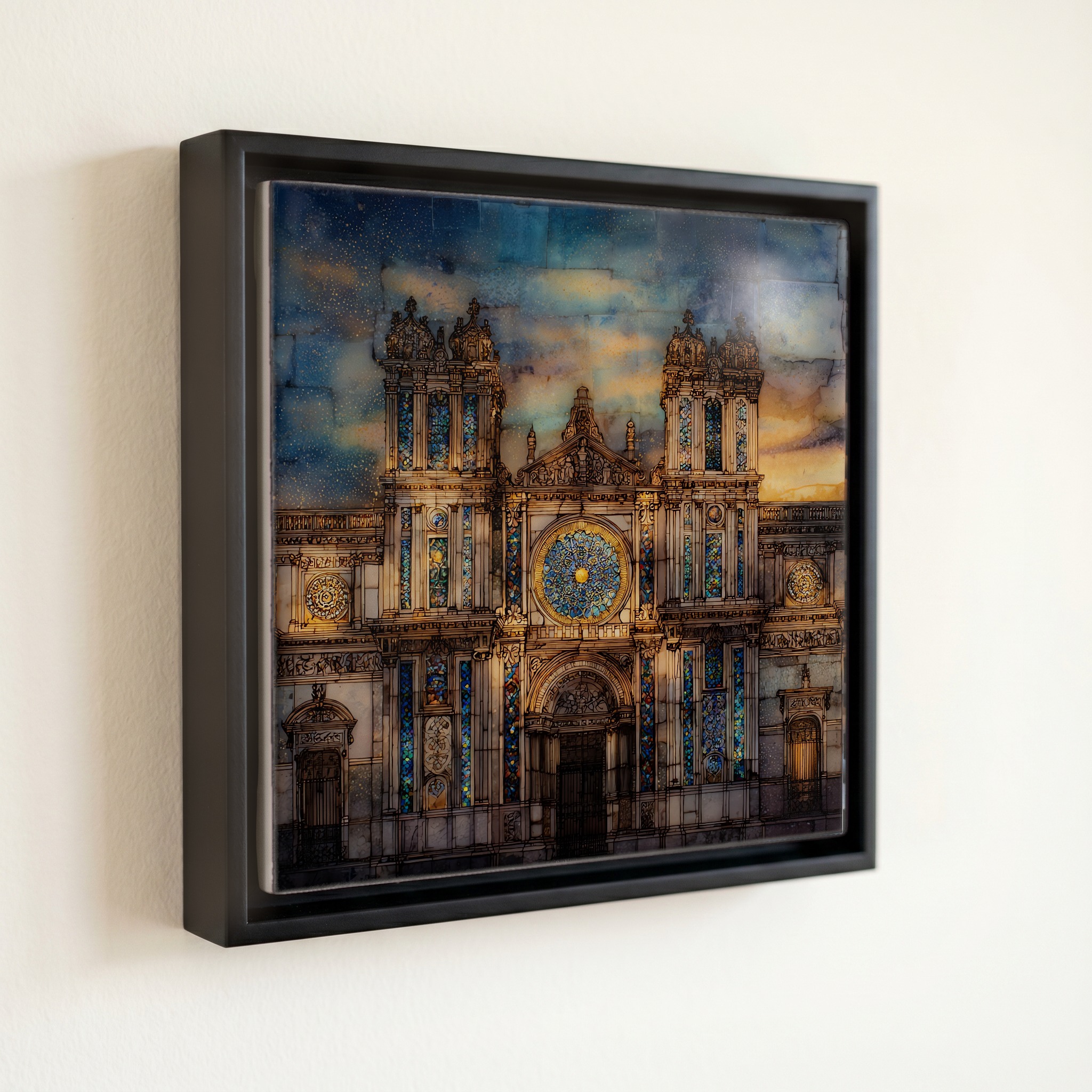 shown in a slim black floating frame · 6 × 6 in