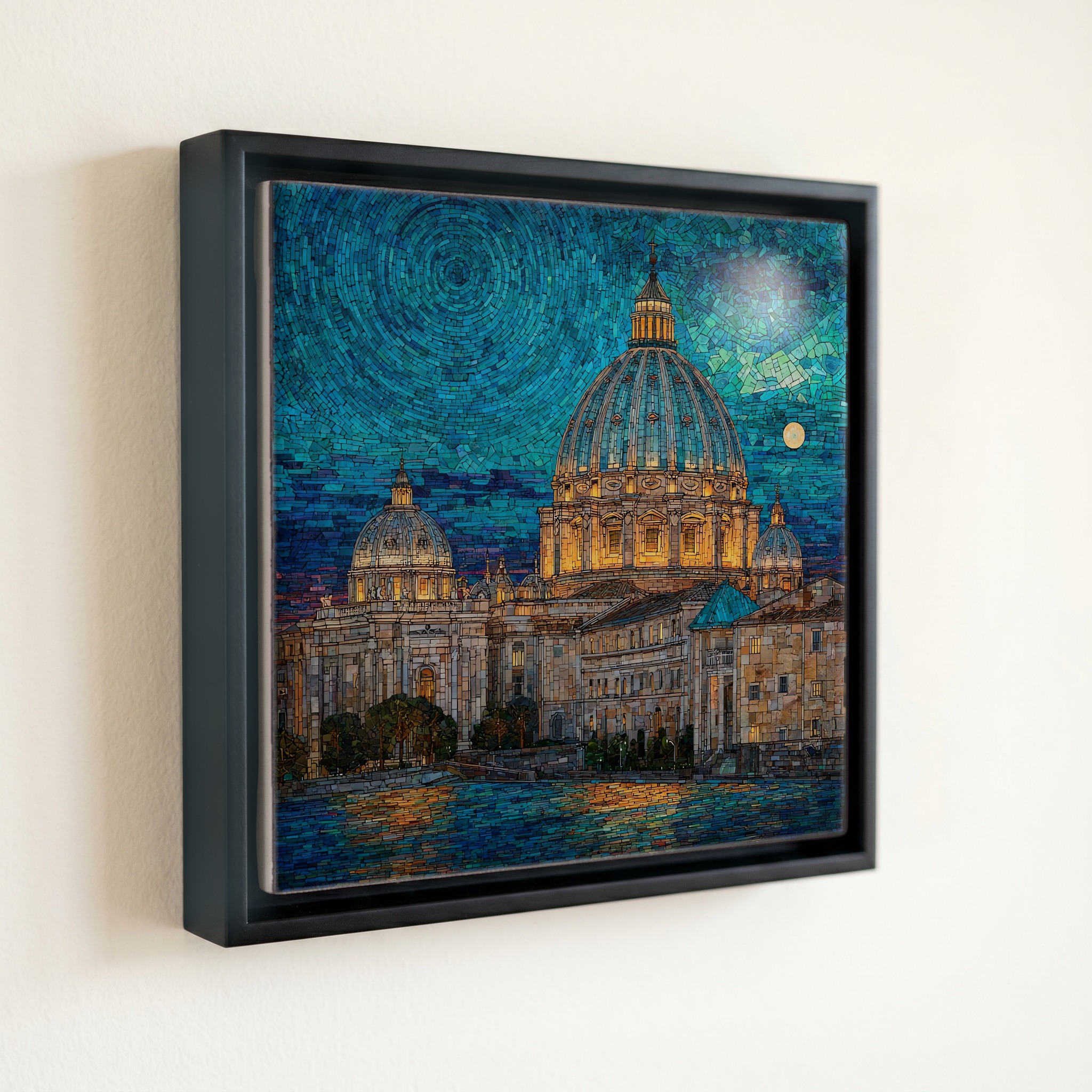 shown in a slim black floating frame · 6 × 6 in