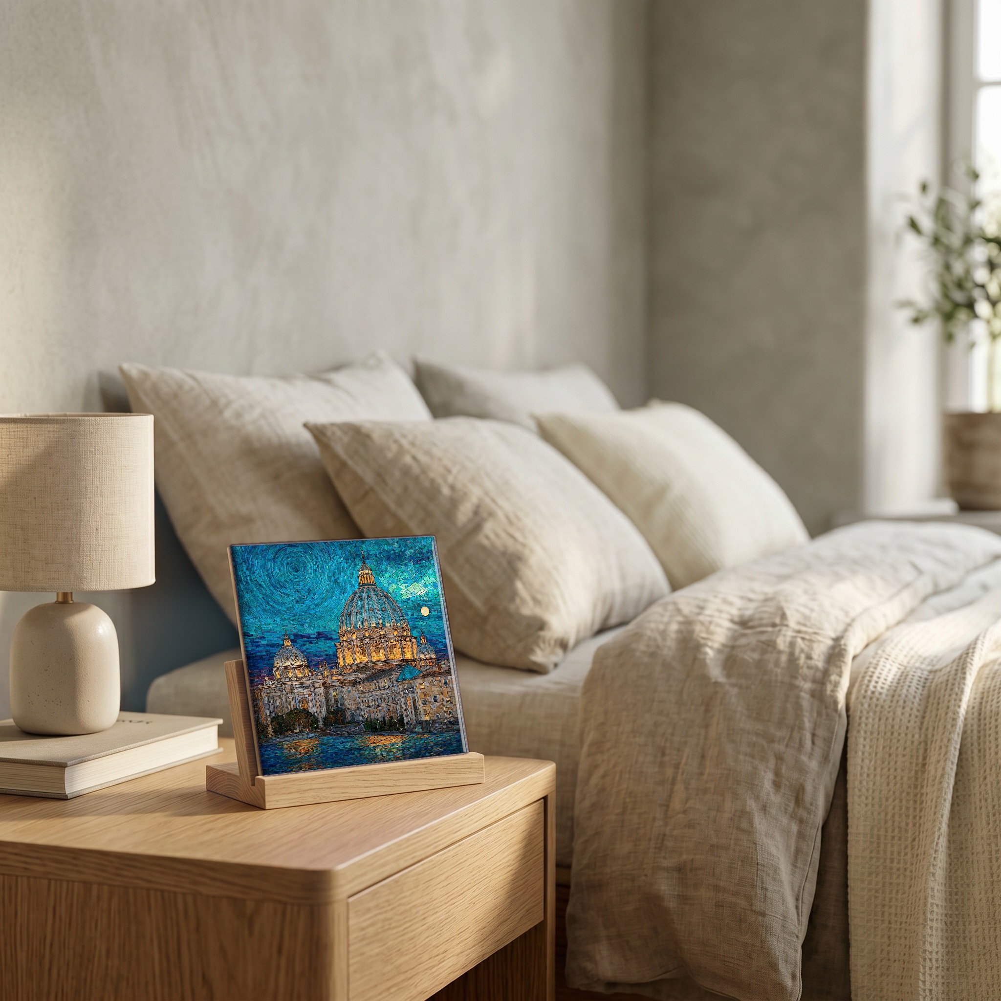 On the nightstand, on a light oak stand.
