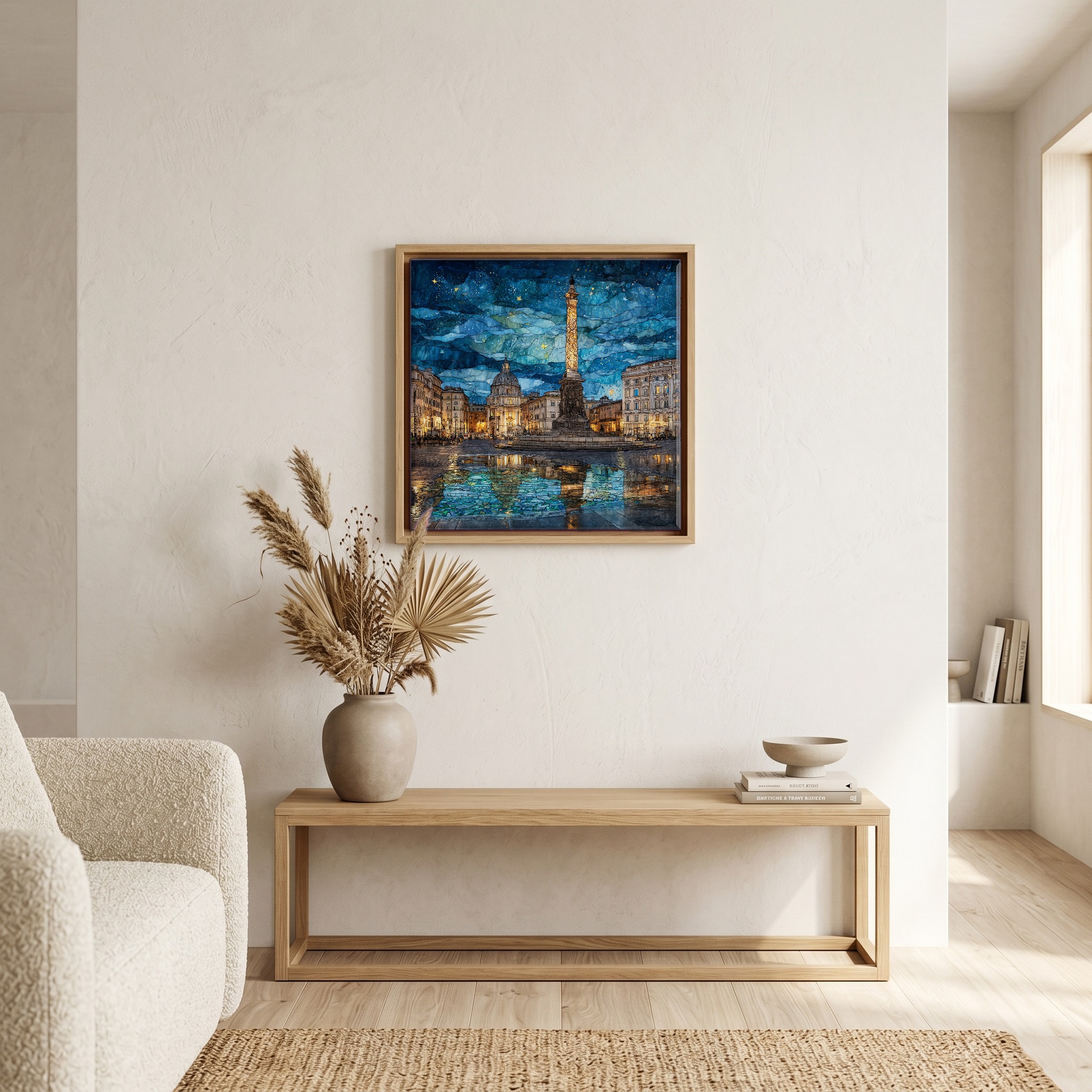 Above the bench, in a warm oak surround.