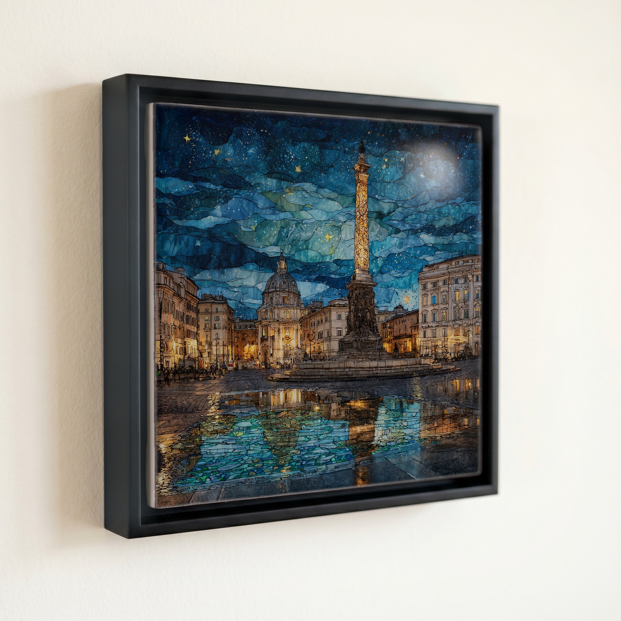 shown in a slim black floating frame · 6 × 6 in
