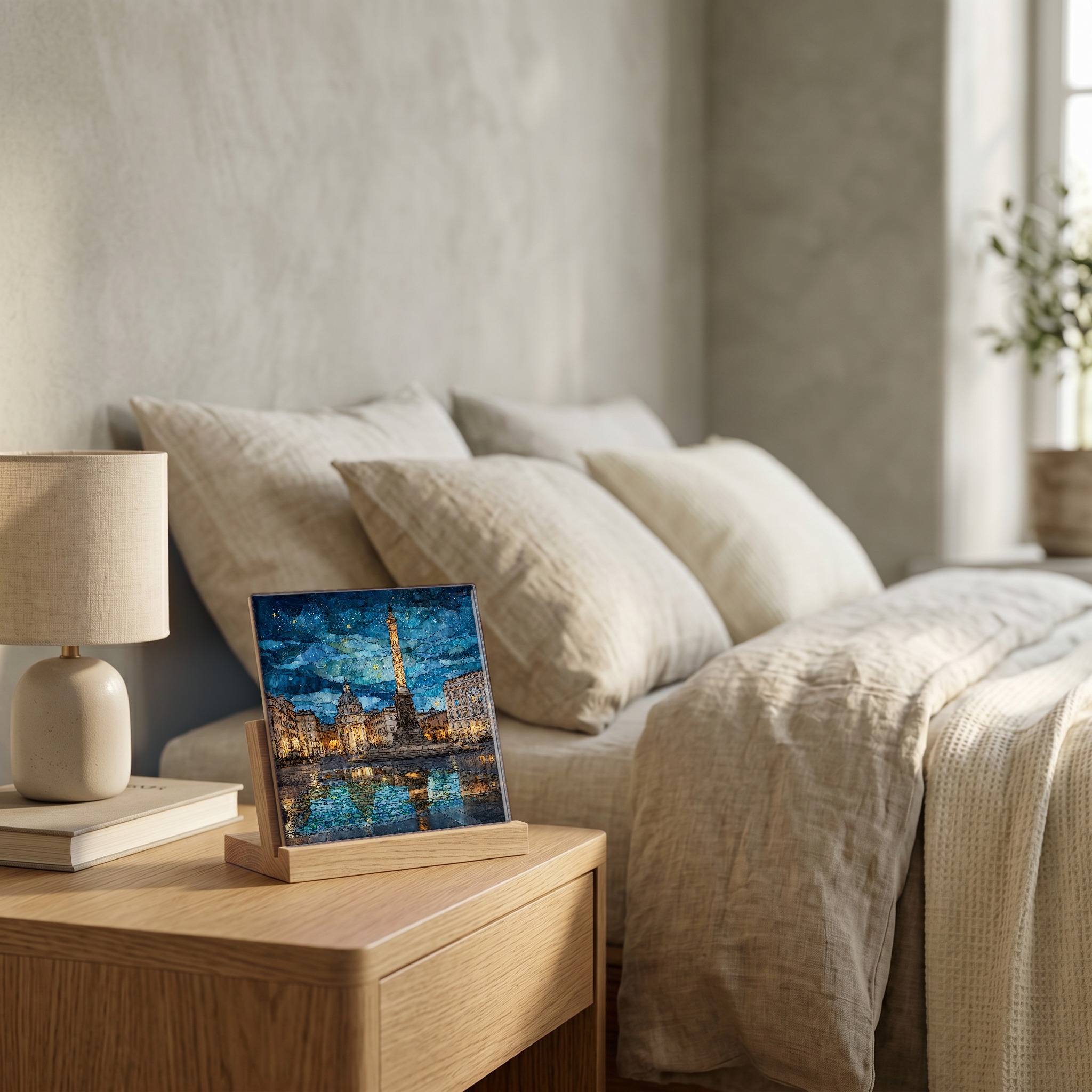 On the nightstand, on a light oak stand.