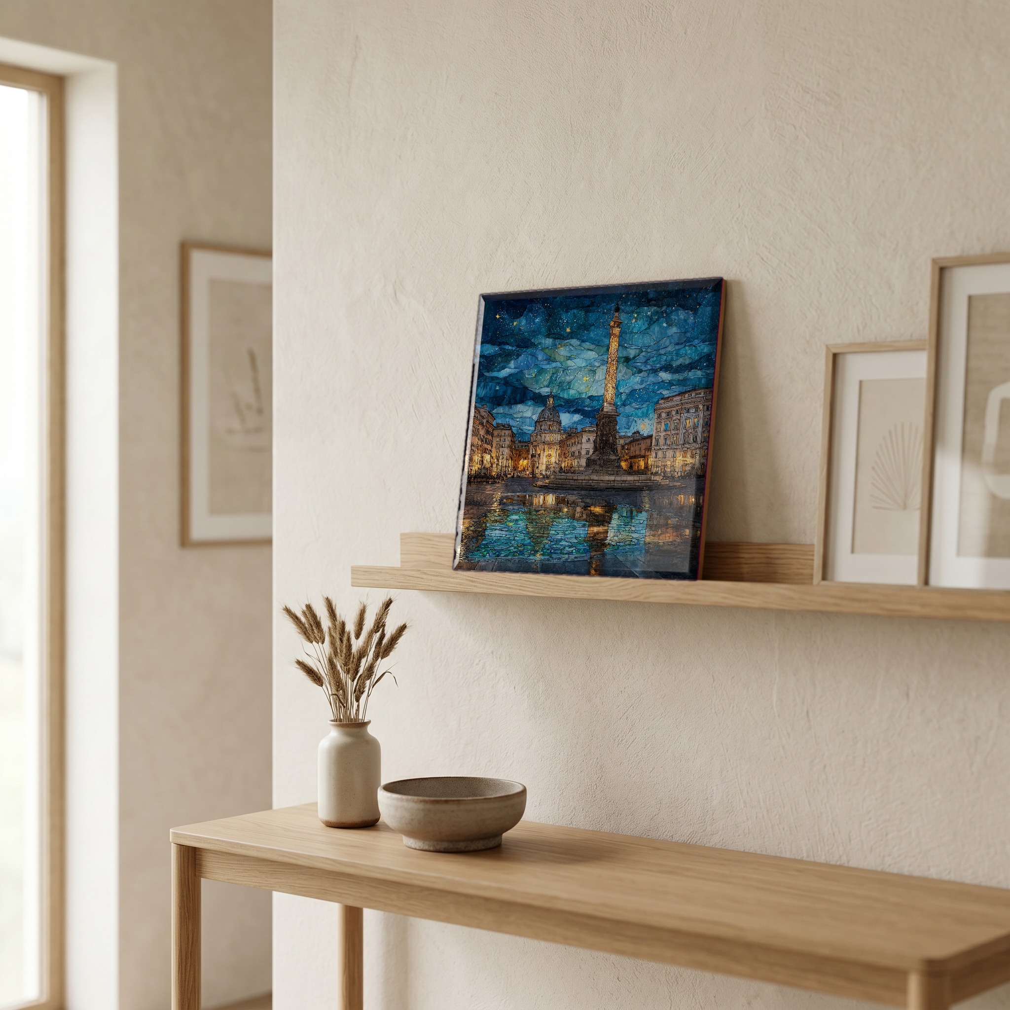 On a picture ledge, where the light comes in.