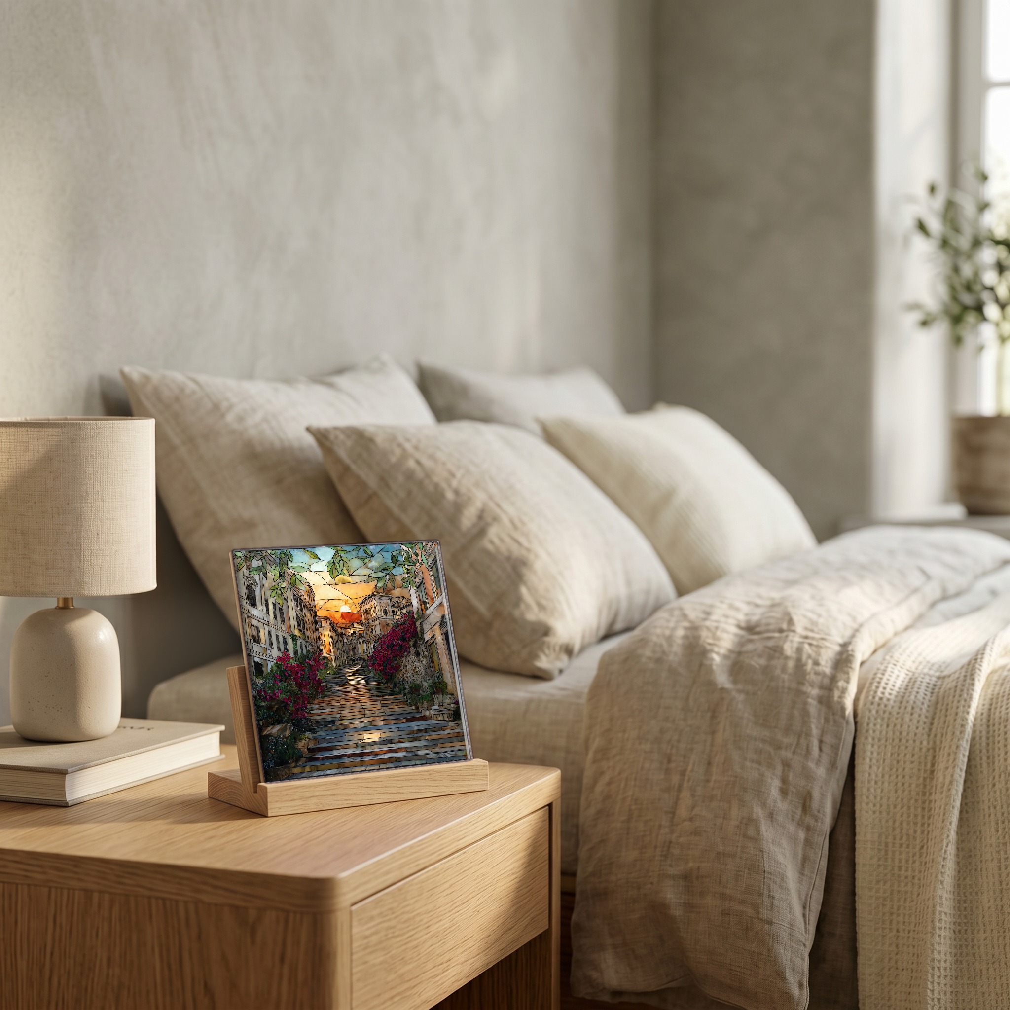 On the nightstand, on a light oak stand.