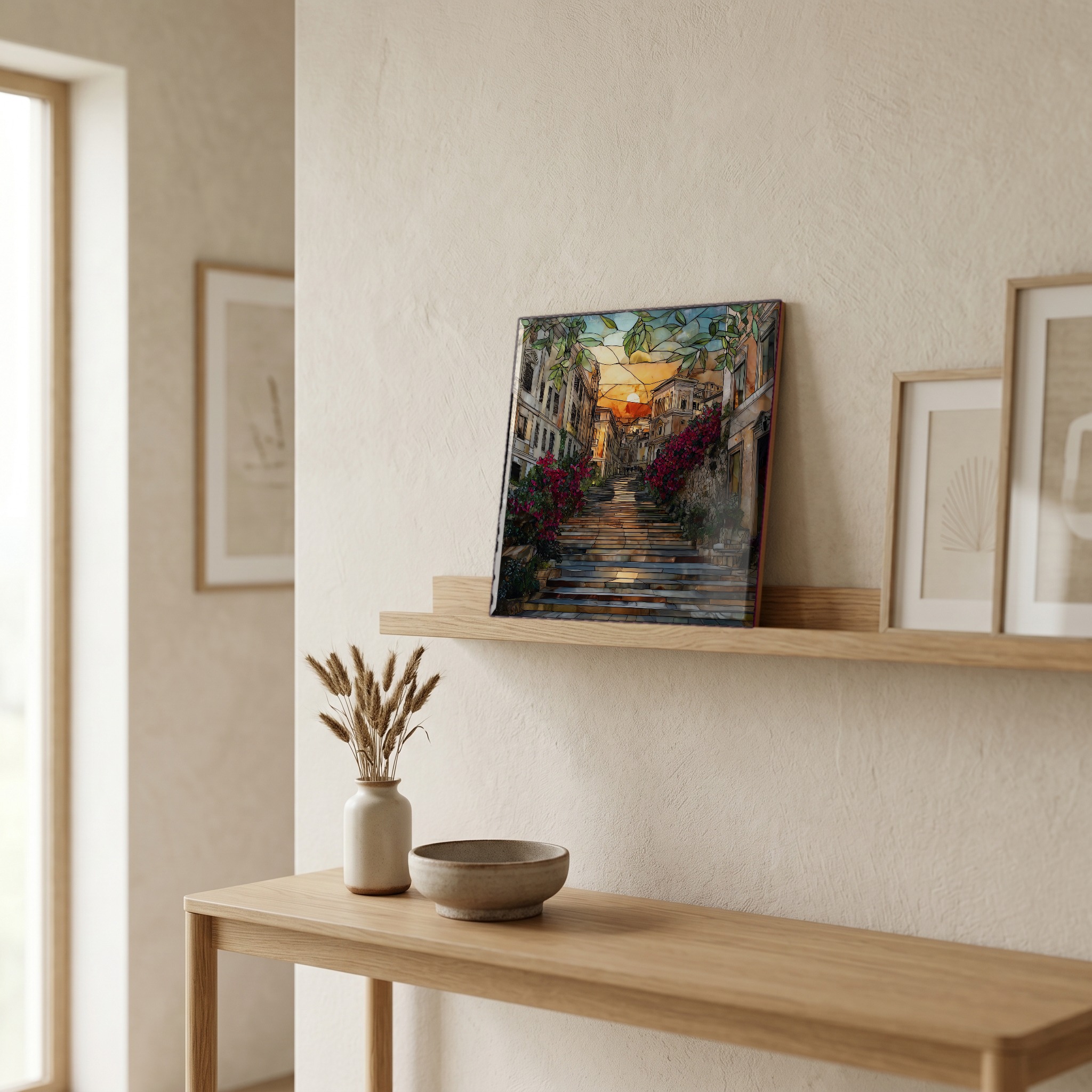 On a picture ledge, where the light comes in.