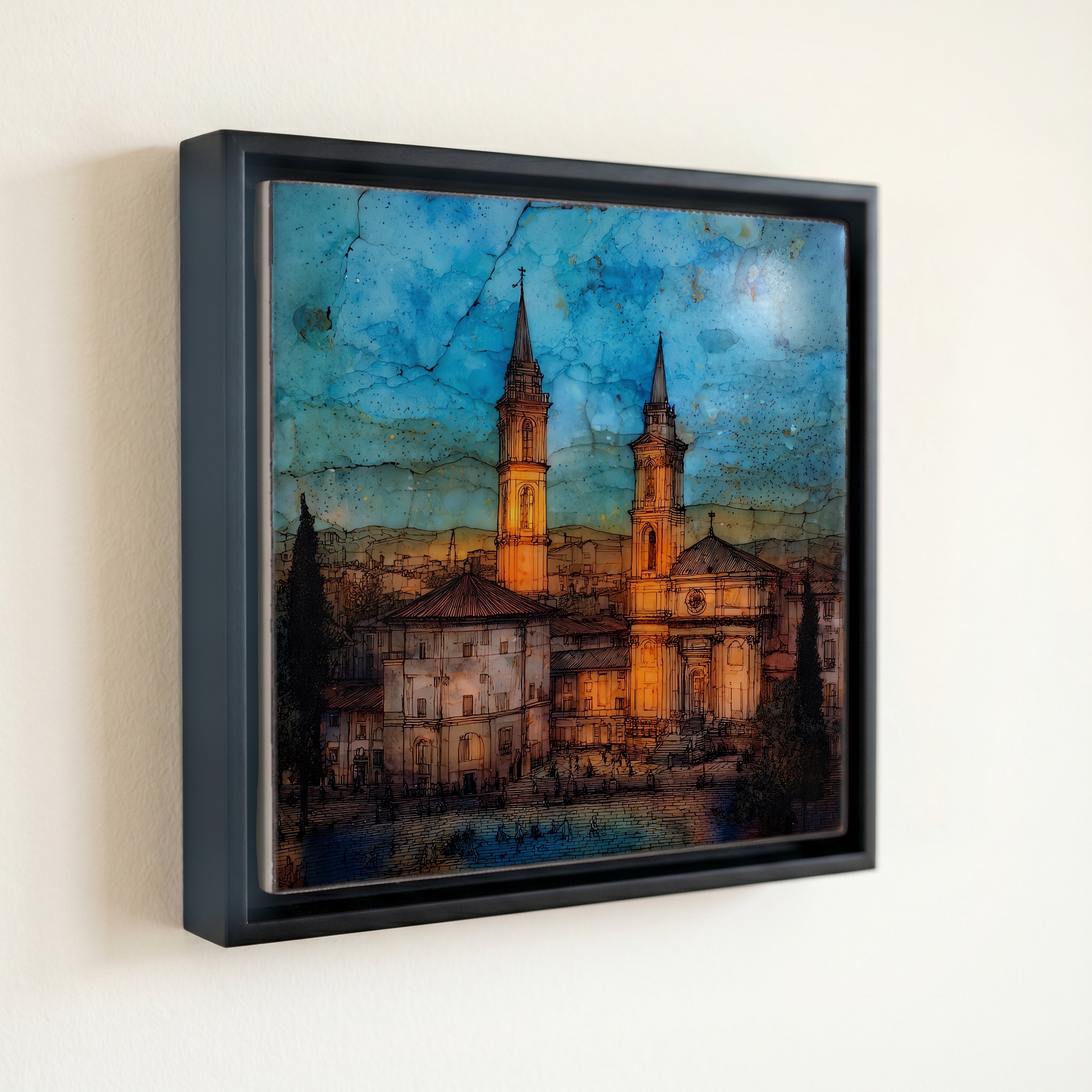 shown in a slim black floating frame · 6 × 6 in