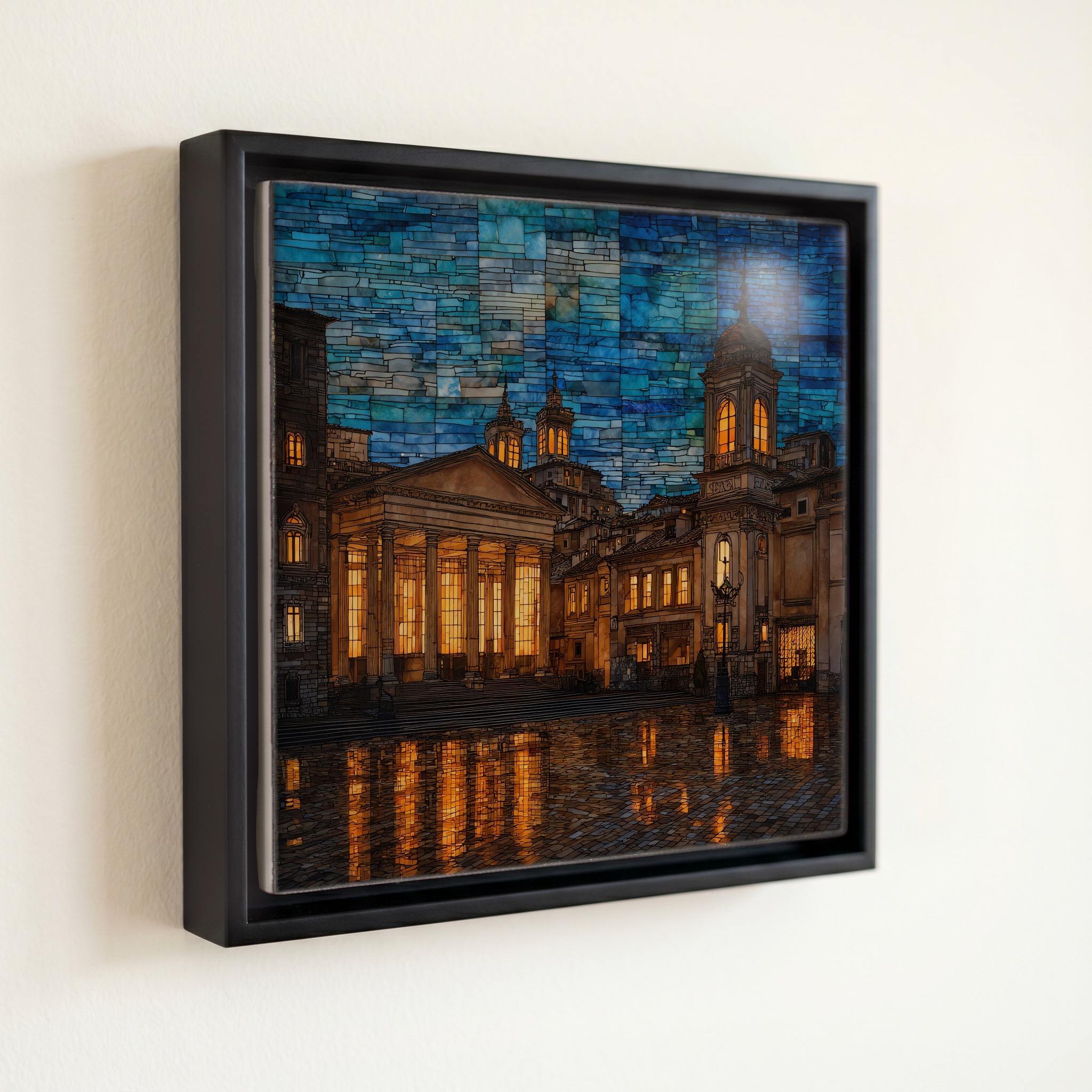 shown in a slim black floating frame · 6 × 6 in
